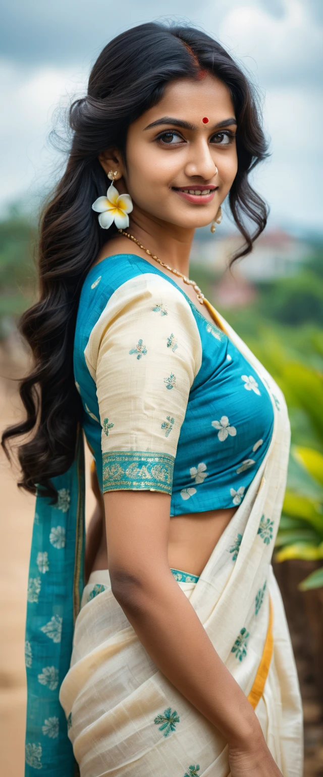 Young woman in saree smiling back under dramatic clouds