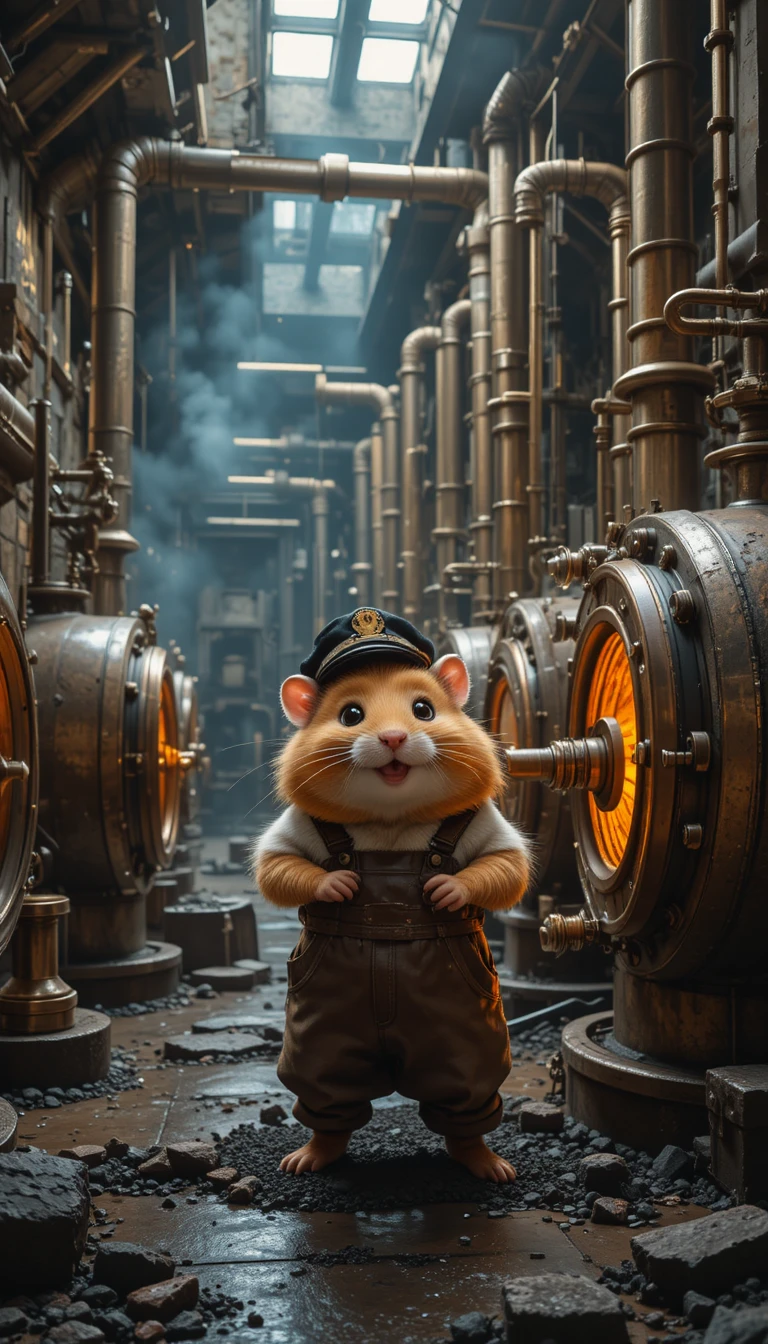 Hamster travailleur heureux dans une chaufferie industrielle lumineuse