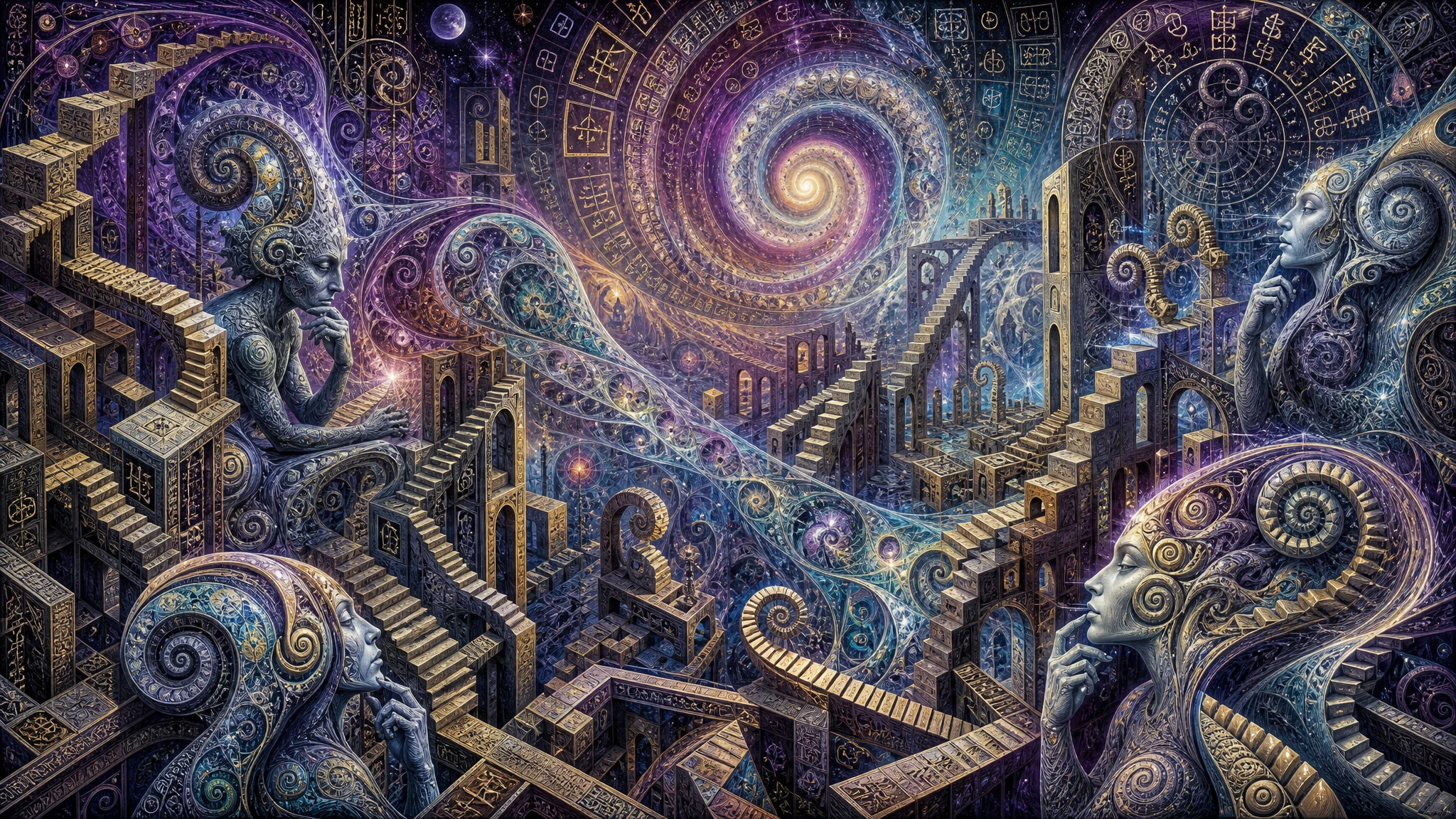 Espirais fractais por uma paisagem abstrata surreal e onírica