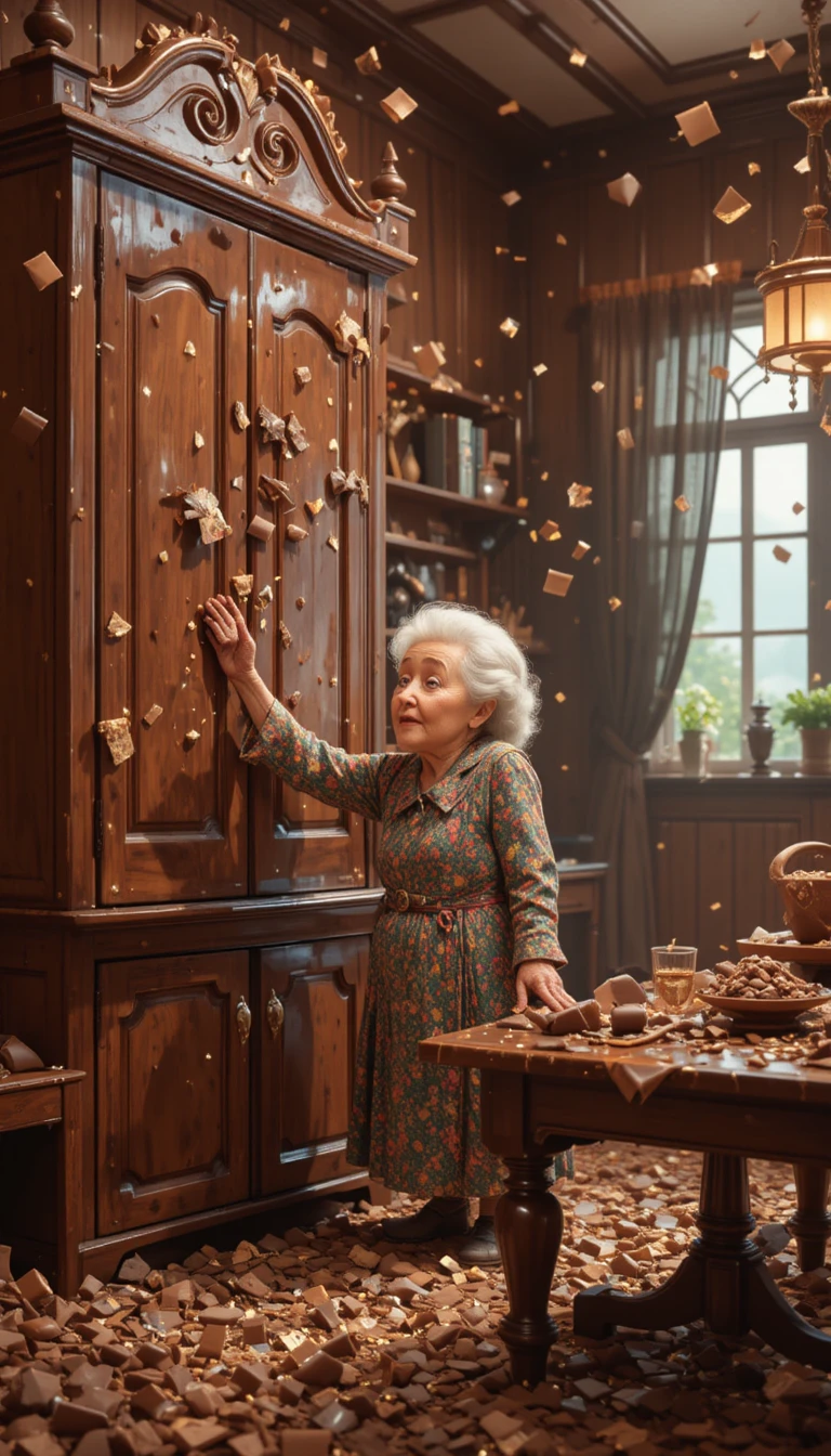Nonna sorpresa in un salotto di cioccolato lucente