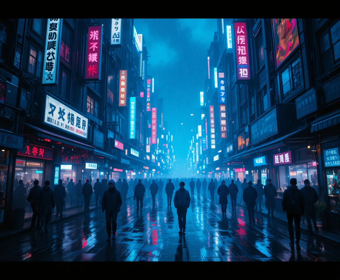 Rua de mercado cyberpunk encharcada de chuva com luzes de néon