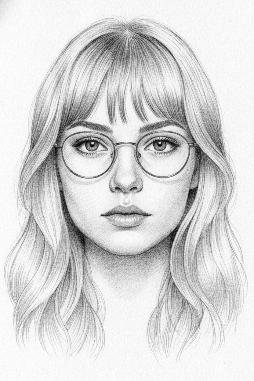 Graphite portrait of a young woman with round glasses