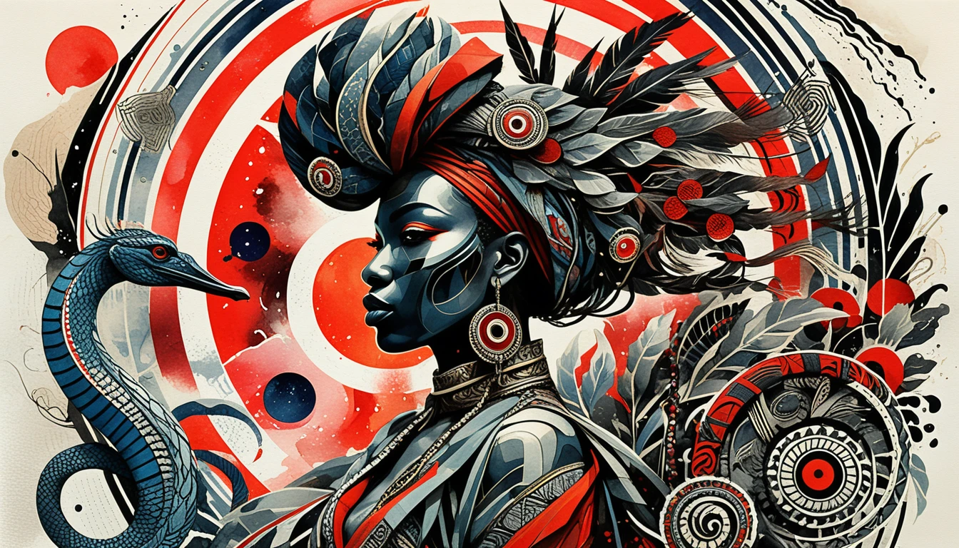 Majestic serpent guardian in afro luxury mixed media artwork