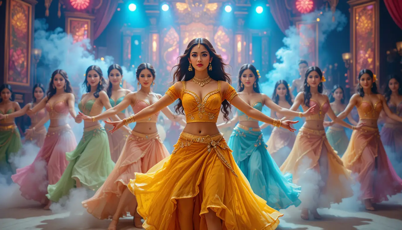 Bollywood dancers in colorful costumes on bright stage