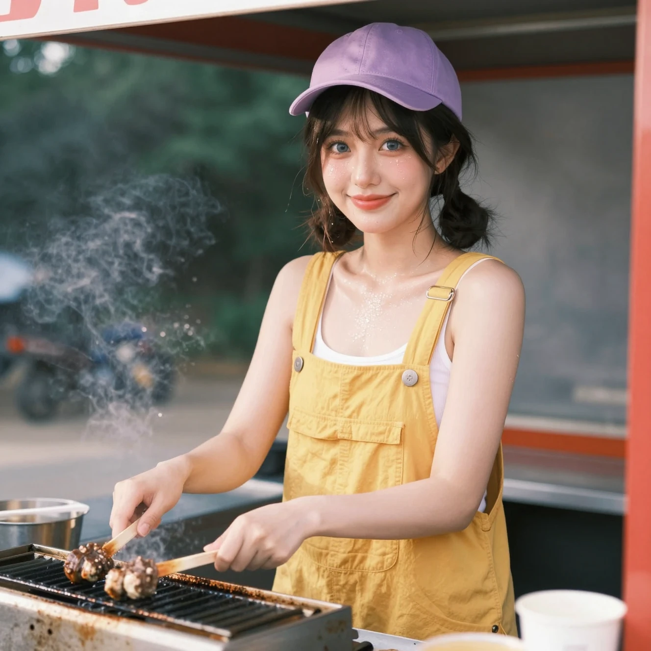 Smiling young hot dog vendor at a busy street cart