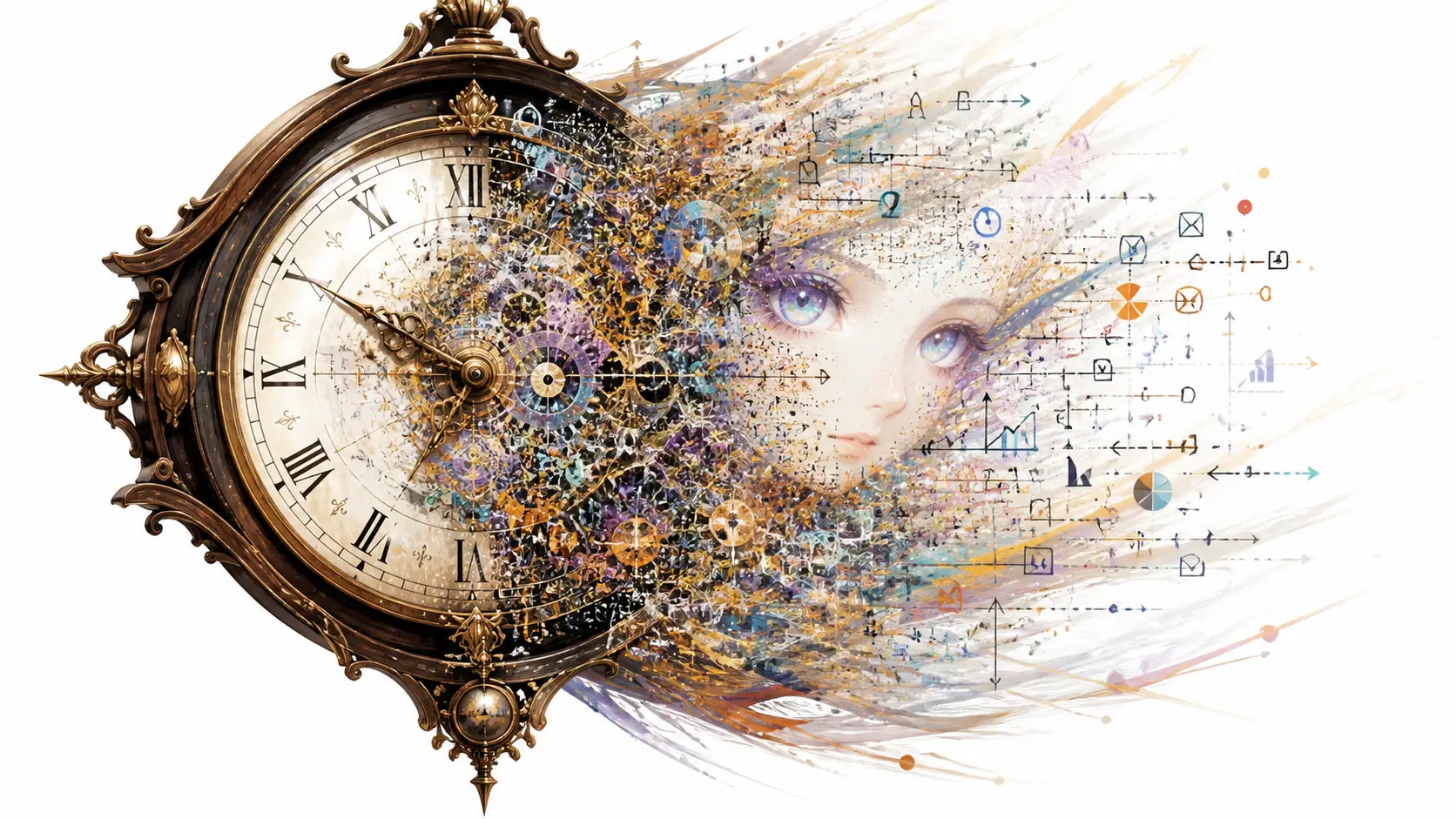 Surrealistische antike Uhr, die sich in bunte symbolische Zahnräder auflöst