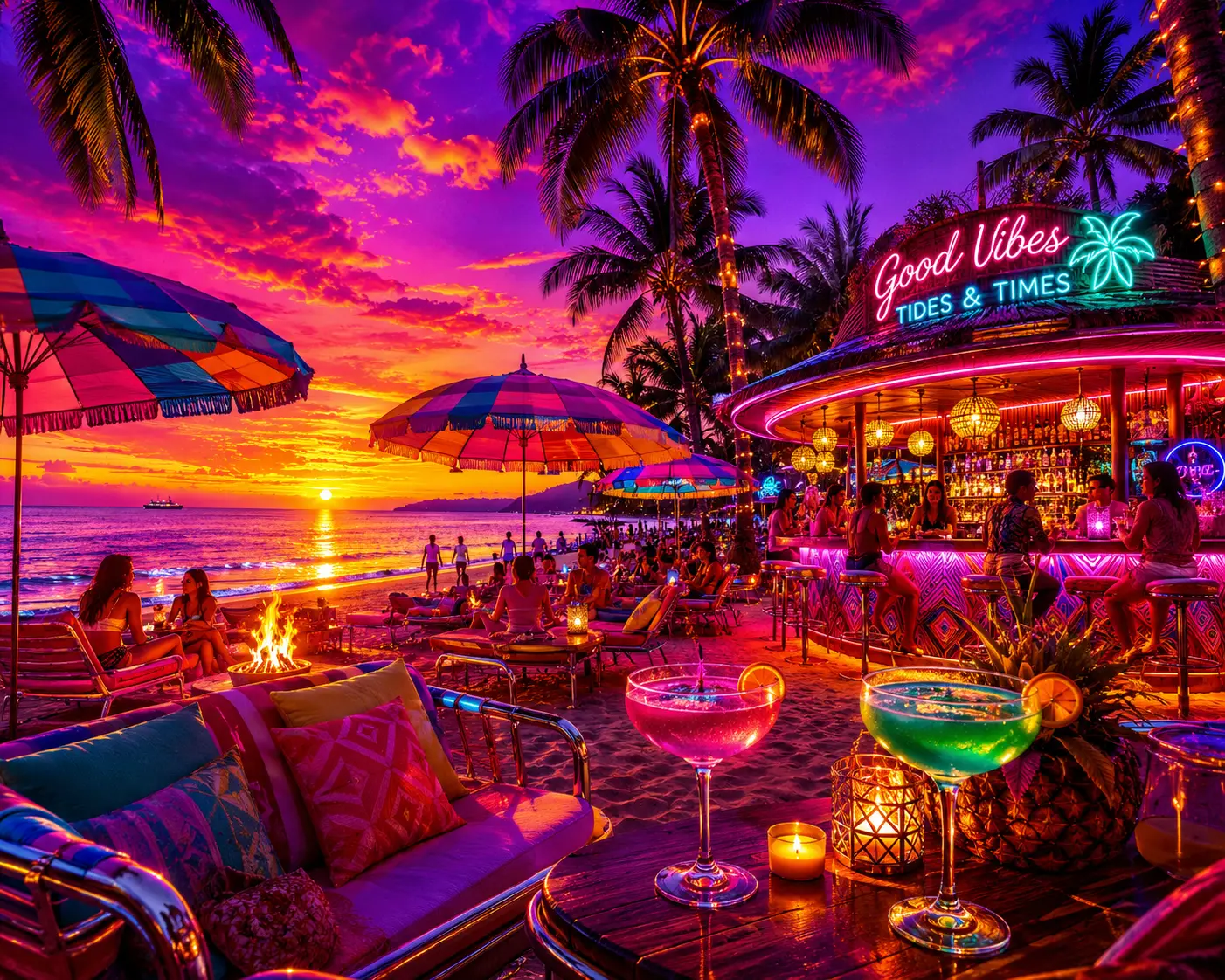Vivace tiki bar pop art su una spiaggia tropicale