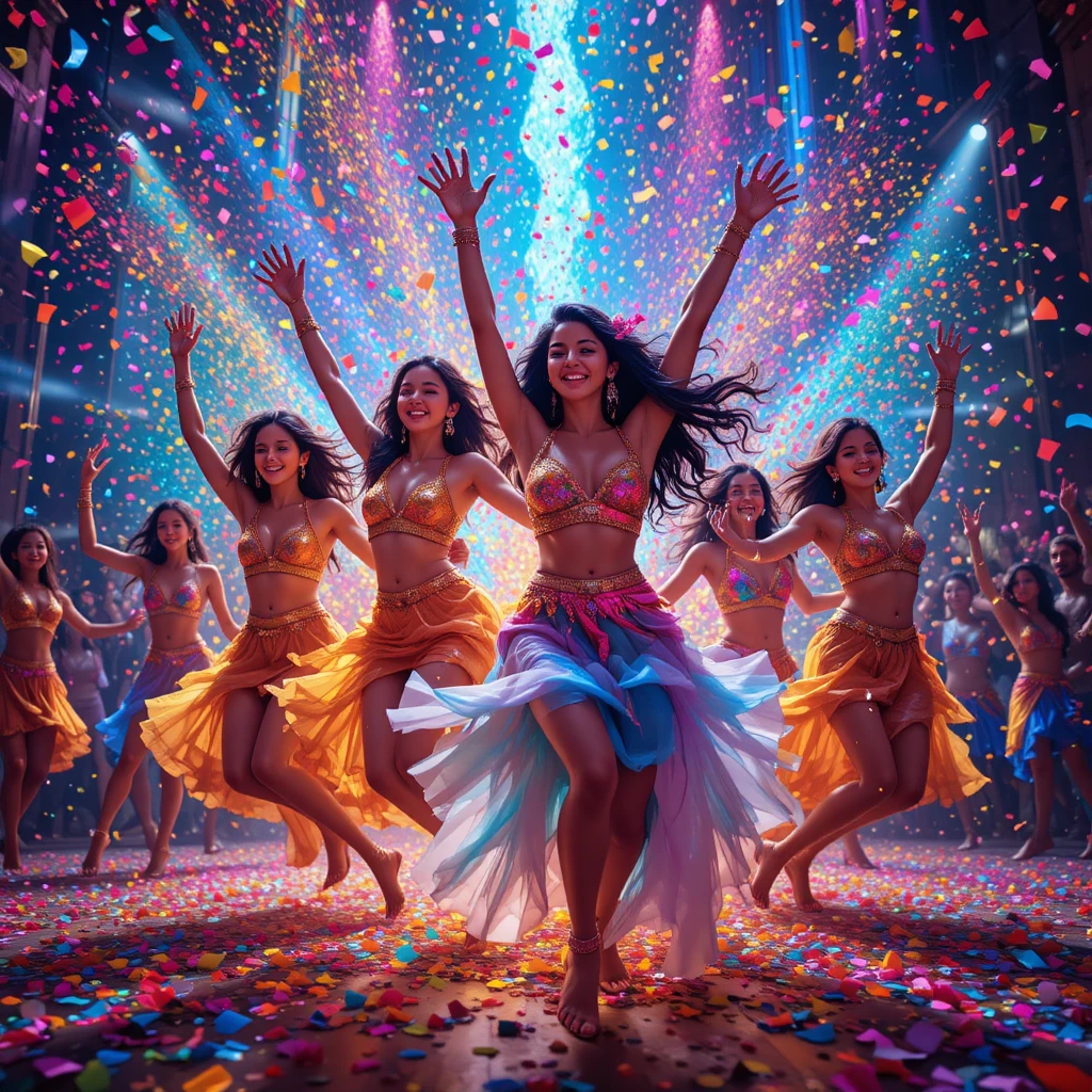 Joyful dancers leaping amid vibrant confetti and lights