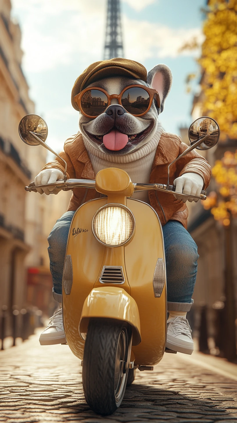 Bouledogue français en scooter dans une rue de Paris au coucher du soleil
