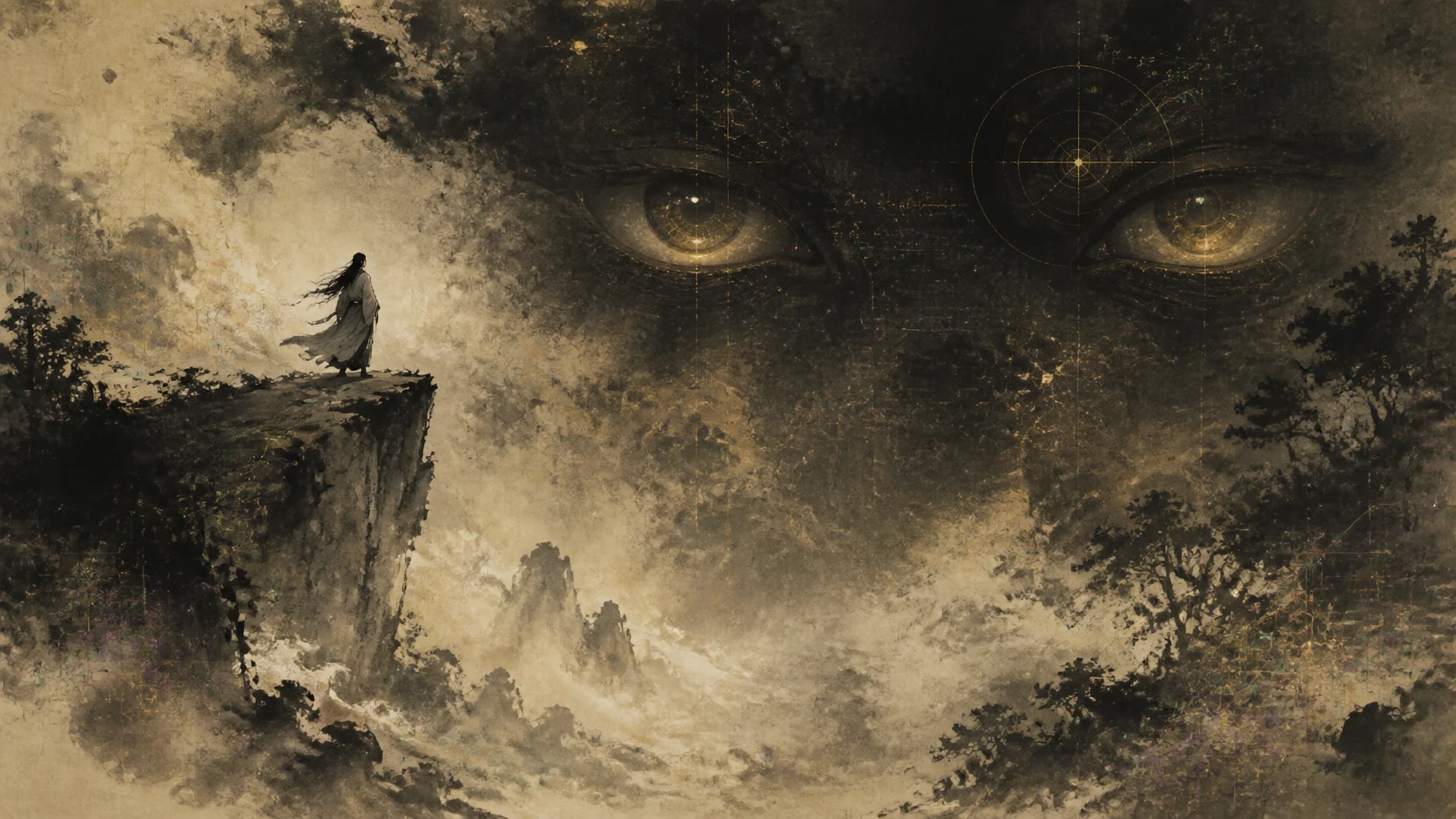 Ancient ink painting with sentient eyes in negative space