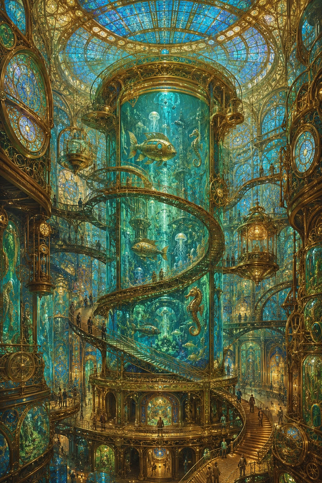 Steampunk cathedral wrapped around a towering glass aquarium