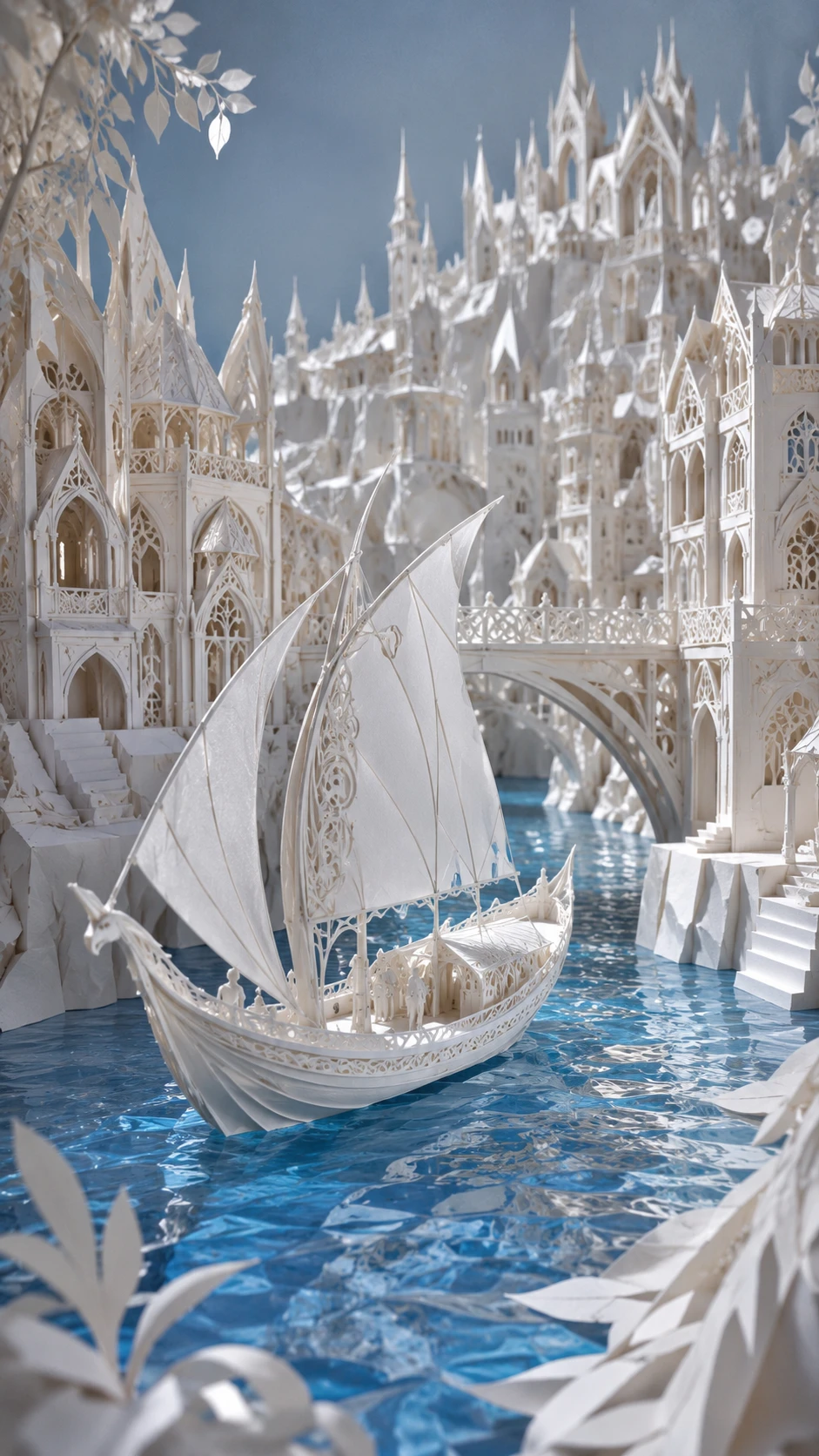 Paper crafted elven city with river and elegant ship