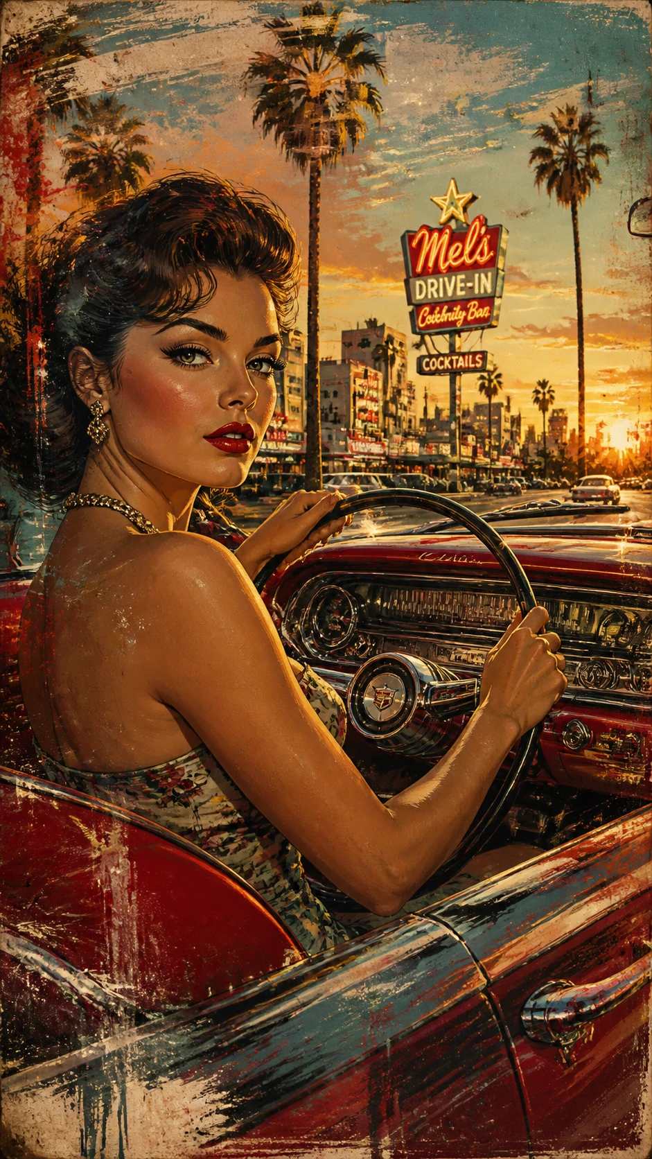 Graphic novel style woman driving a classic Cadillac