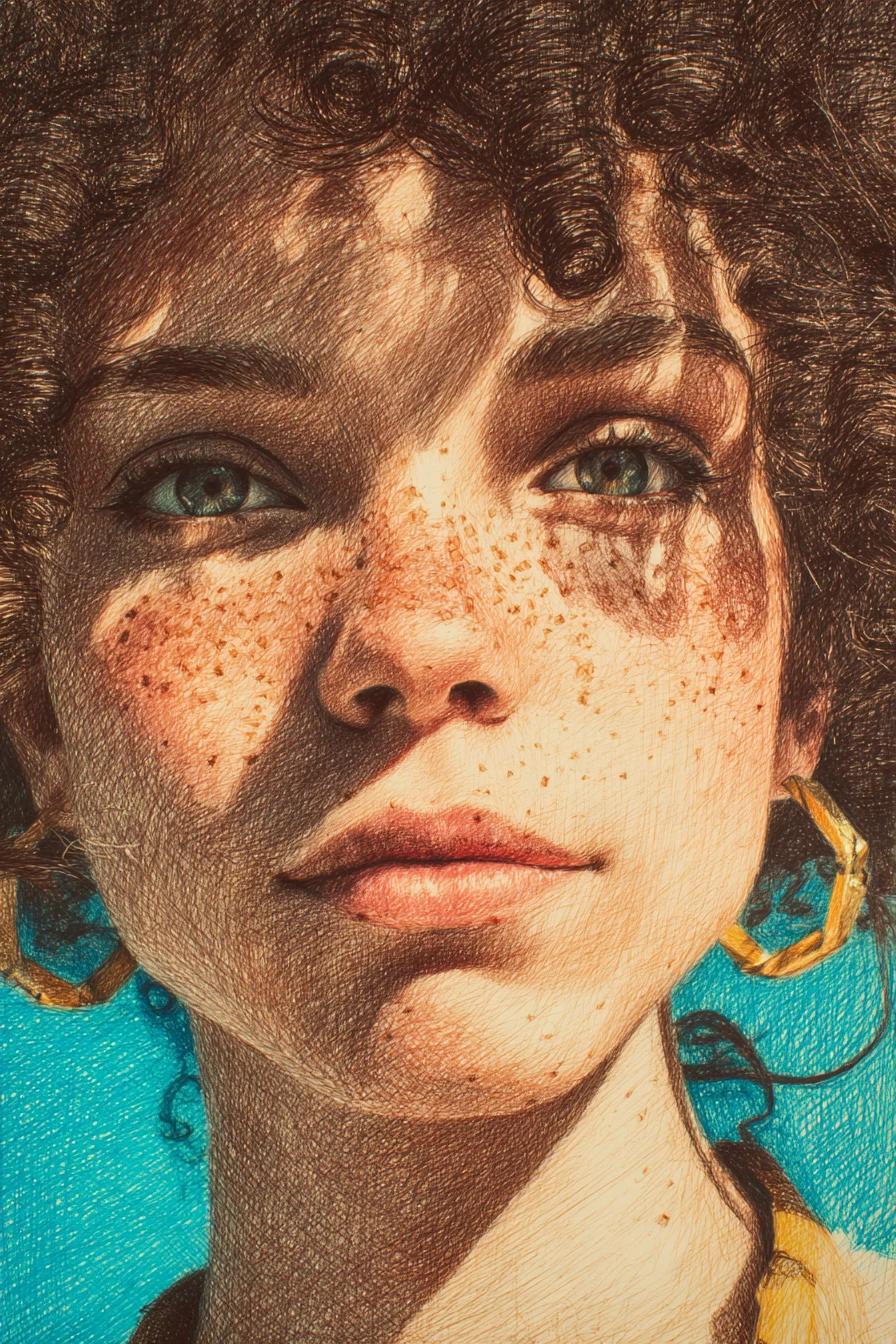 Retrato realista a lápis de uma garota sardenta e de cabelos cacheados