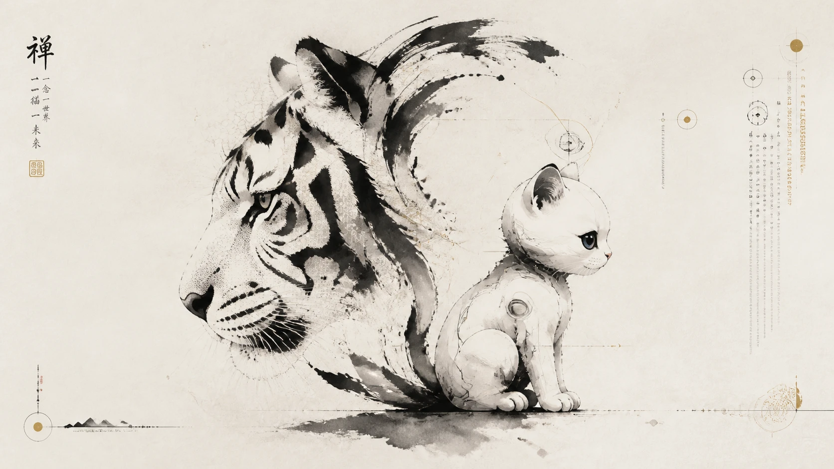 Tigre et Chaton Paradoxaux dans une Abstraction d’Encre Changeante