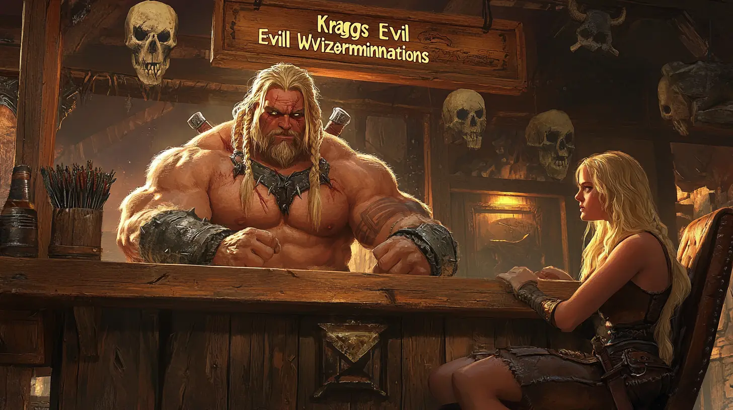 Barbarian warrior at a grand desk hearing evil wizard woes