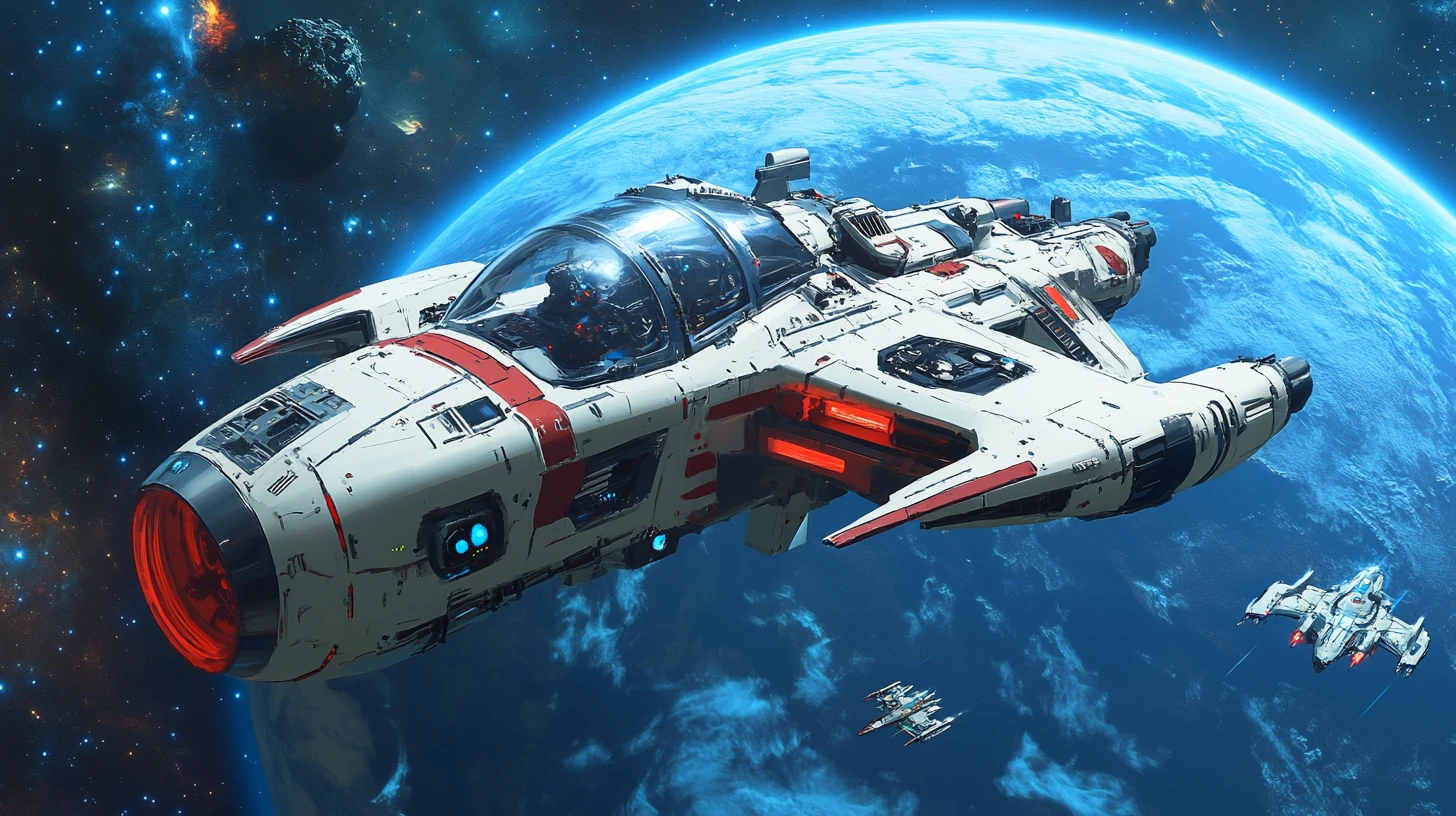 Alien cruiser sneaking past a giant blue planet