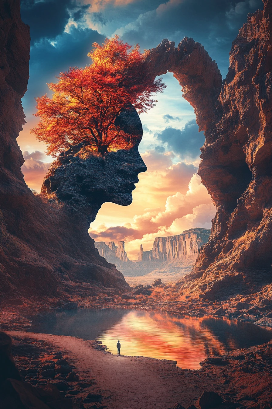 Surreal archway face framing sunset sky and desert path