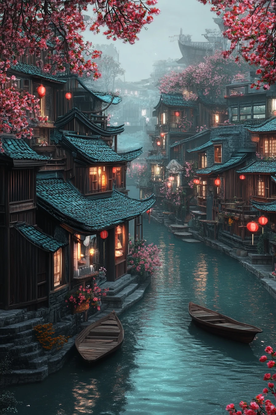 Enchanted canal village with glowing windows and flowers