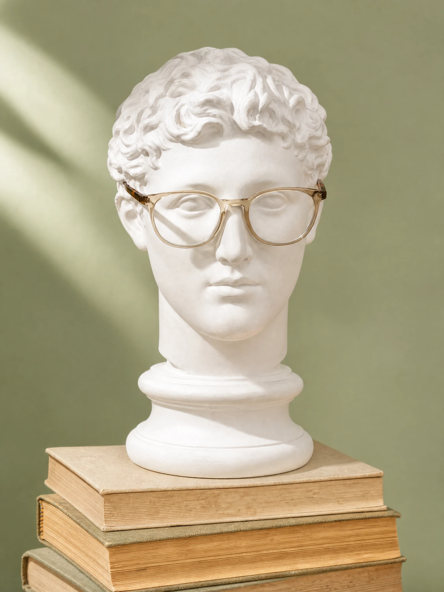 Busto classico con occhiali di design su libri vintage