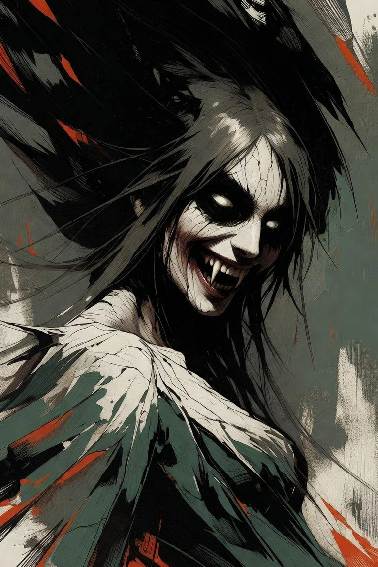 Demônio feminino surreal com rosto horrível em estilo de horror sombrio