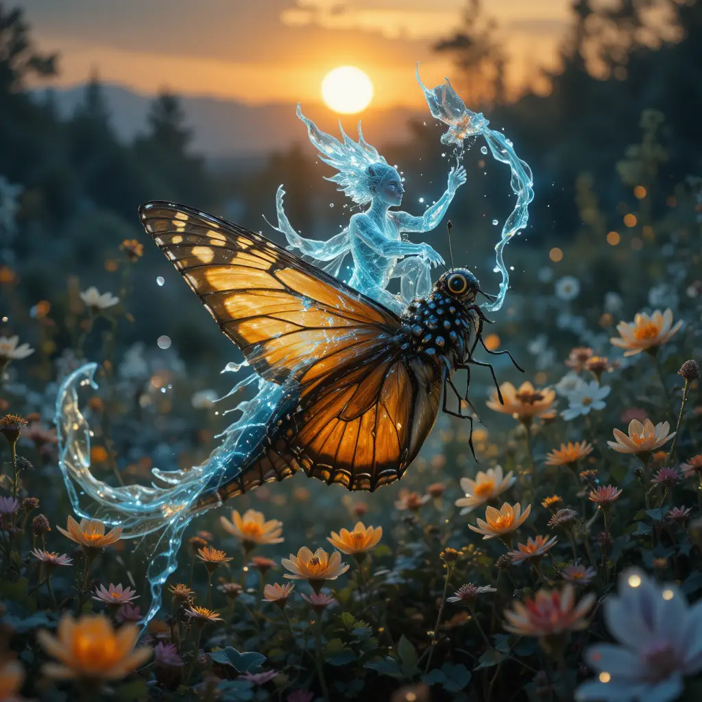 Winziger Wasserspirit, der bei Sonnenuntergang auf einem Monarchfalter reitet