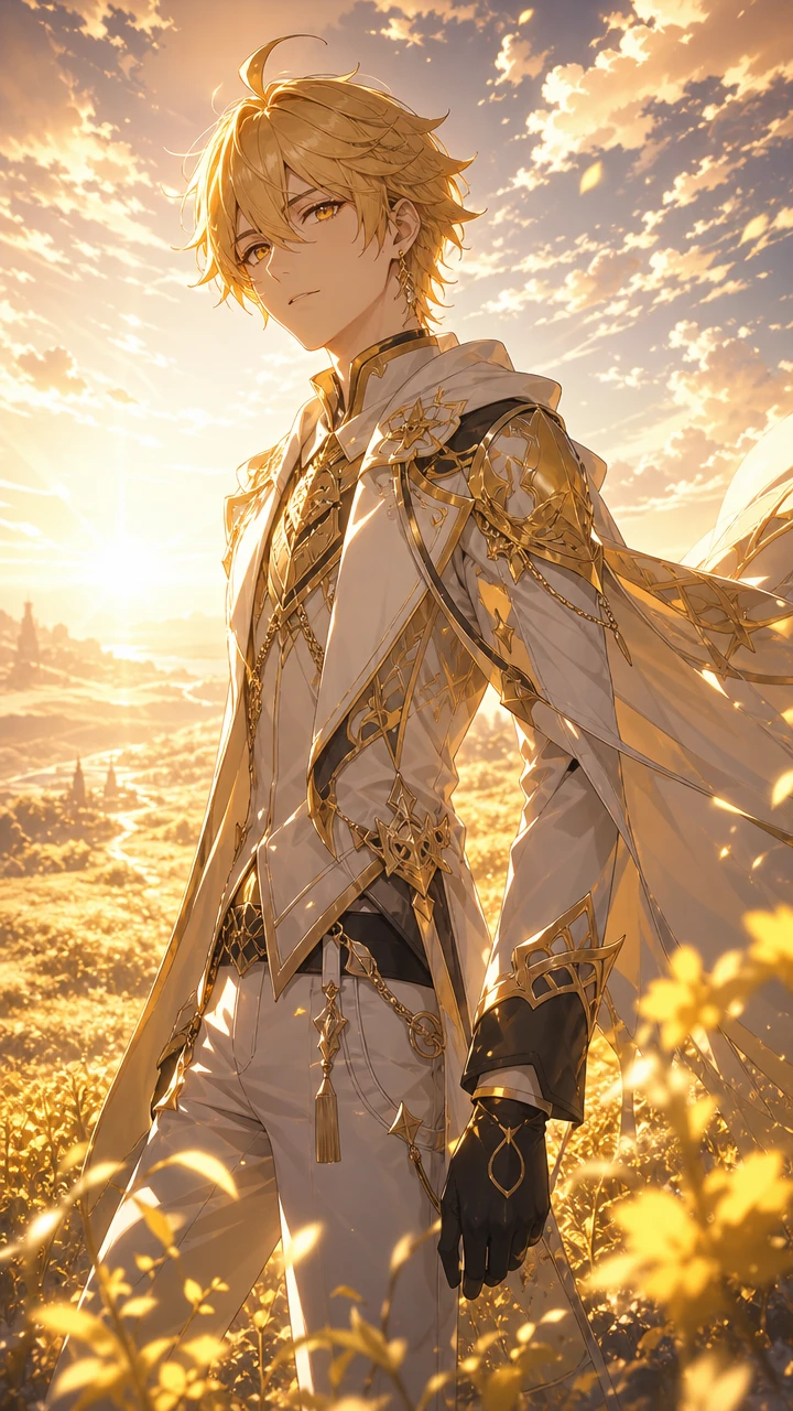 Herói de anime em pé em um campo dourado banhado pelo sol ao amanhecer