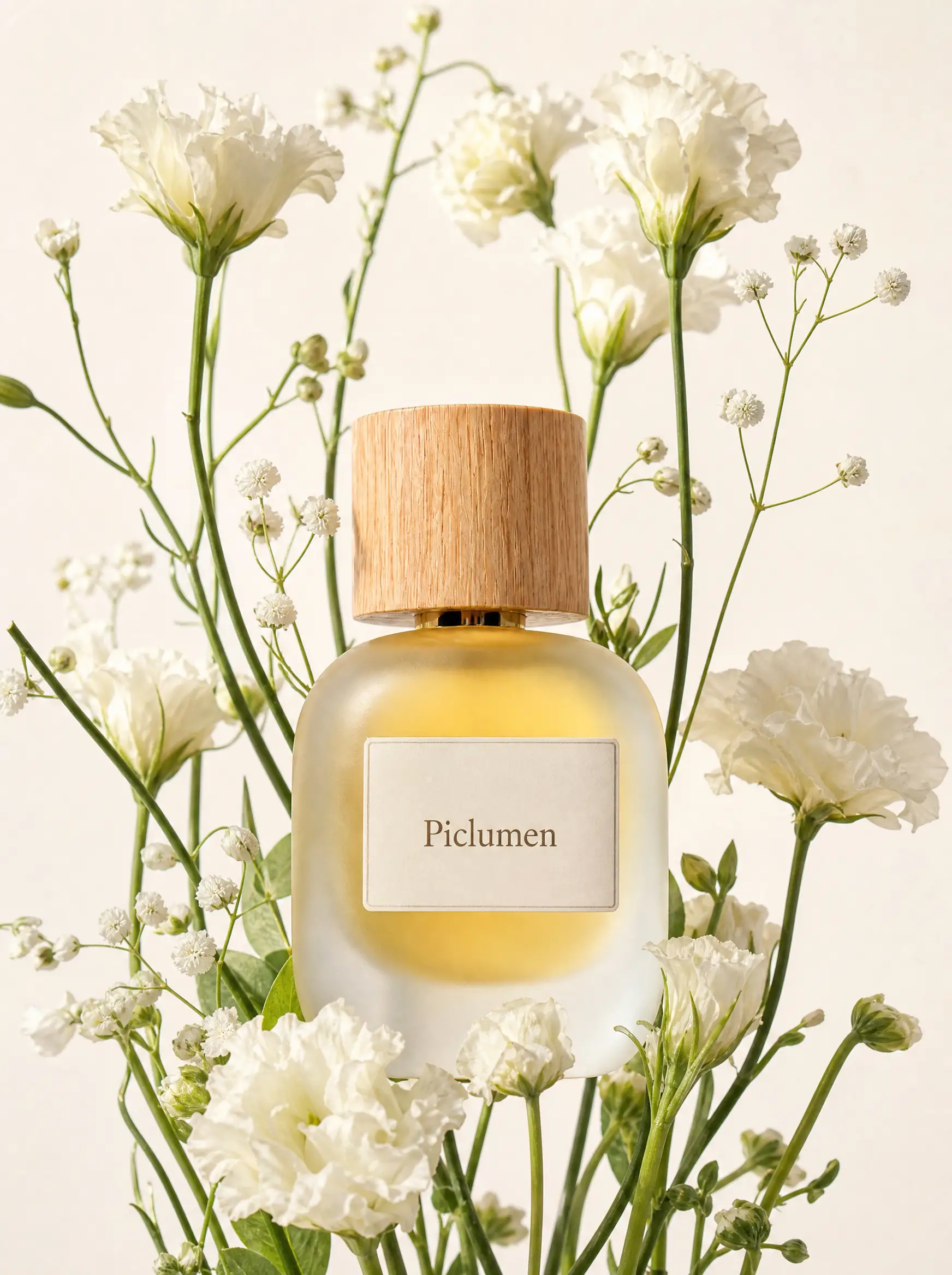 Frasco de fragrância emoldurado por flores altas em estúdio claro