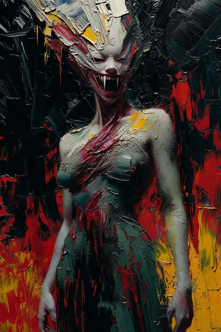 Surreal female demon with horrific fanged face in darkness