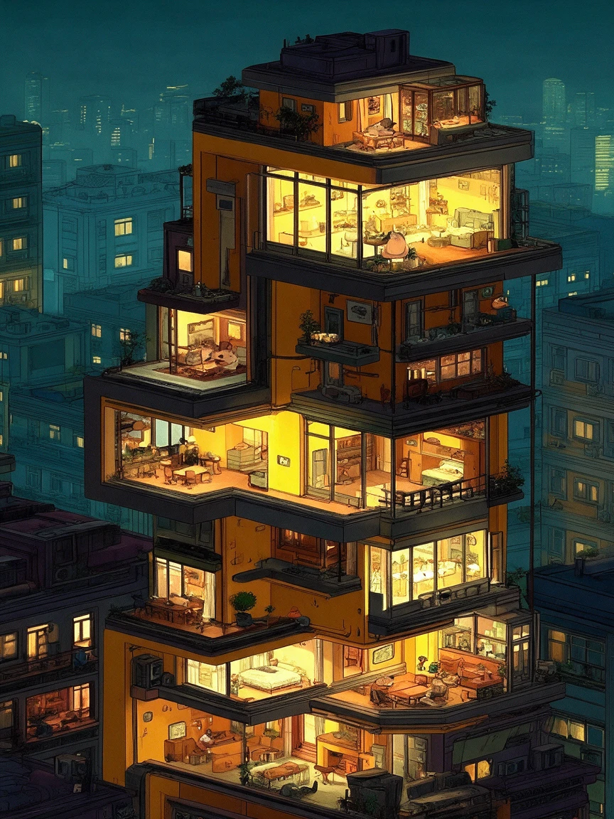 Corte isométrico de prédio residencial iluminado à noite