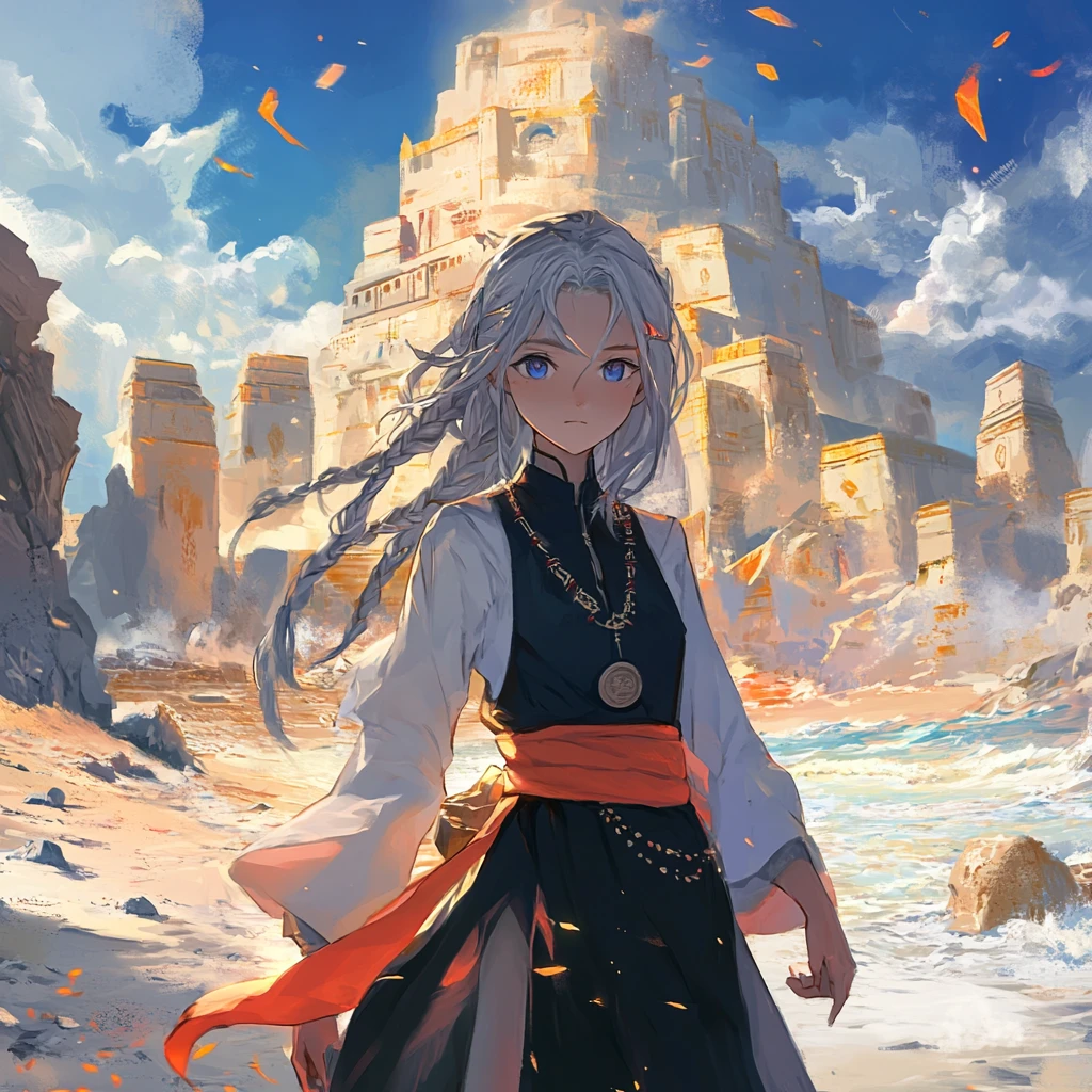 夕暮れの巨大神殿へ歩み寄るアニメ少女