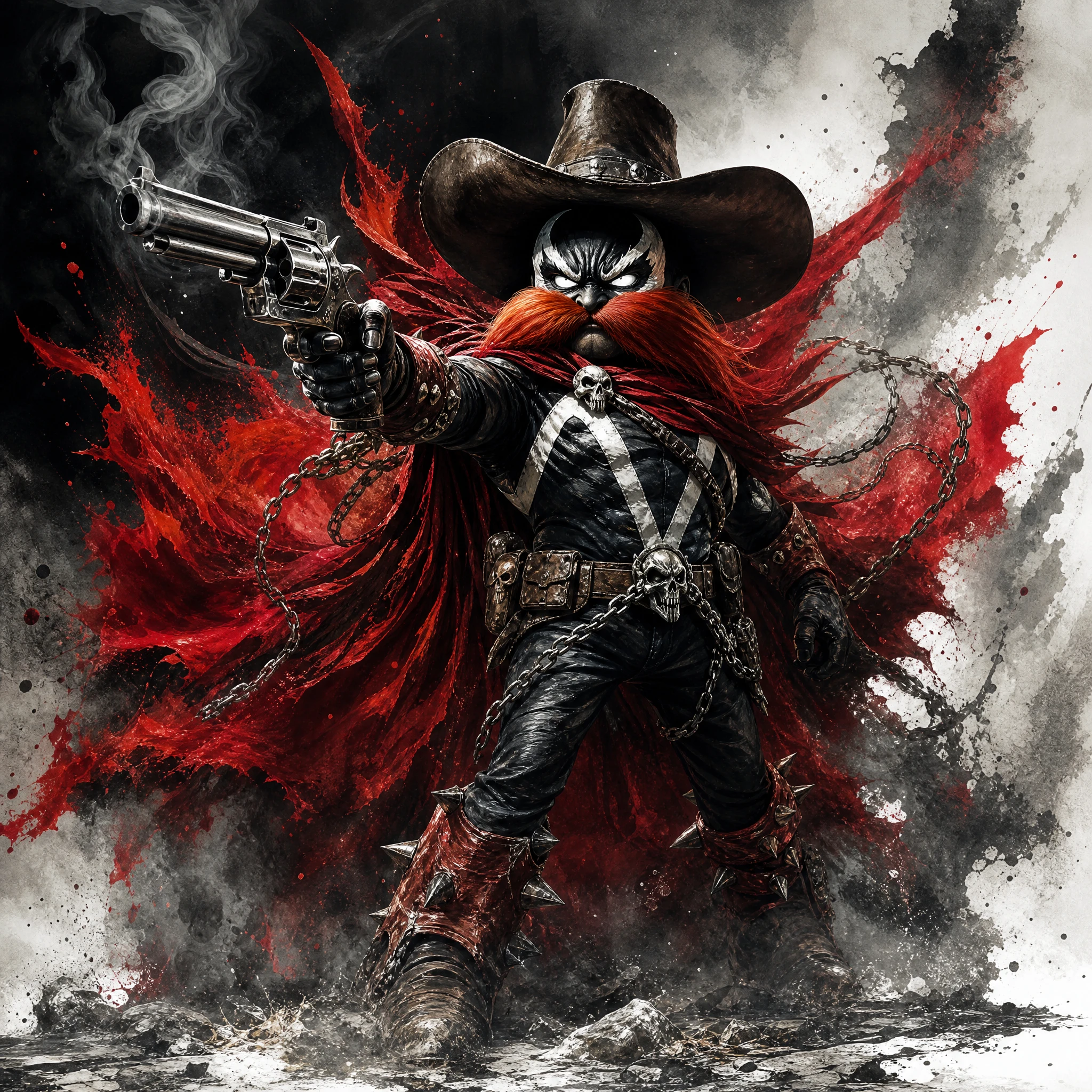 Guerriero corazzato che mira con un revolver in drammatico stile fantasy