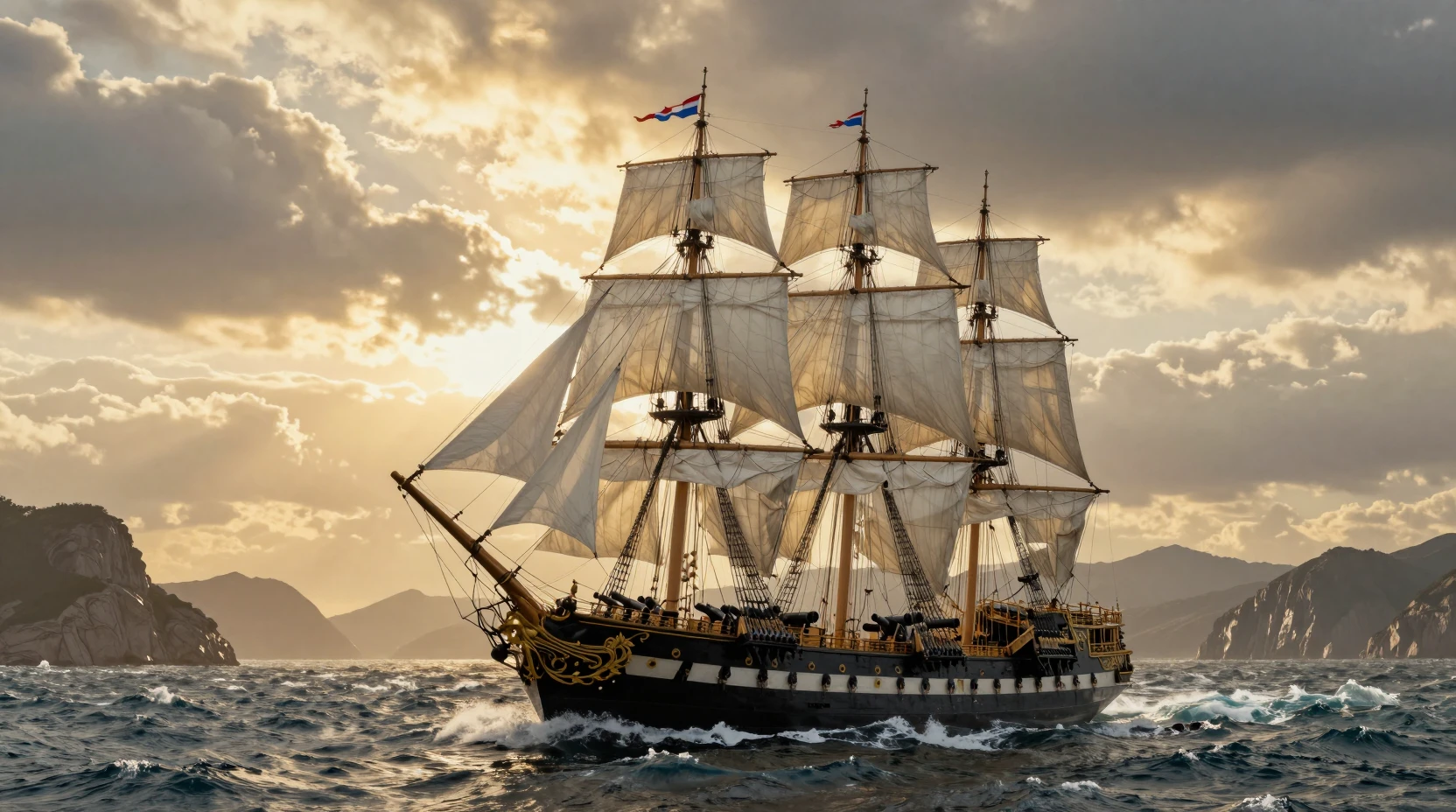 Maestosa nave da guerra a vele spiegate tra onde oceaniche in tempesta