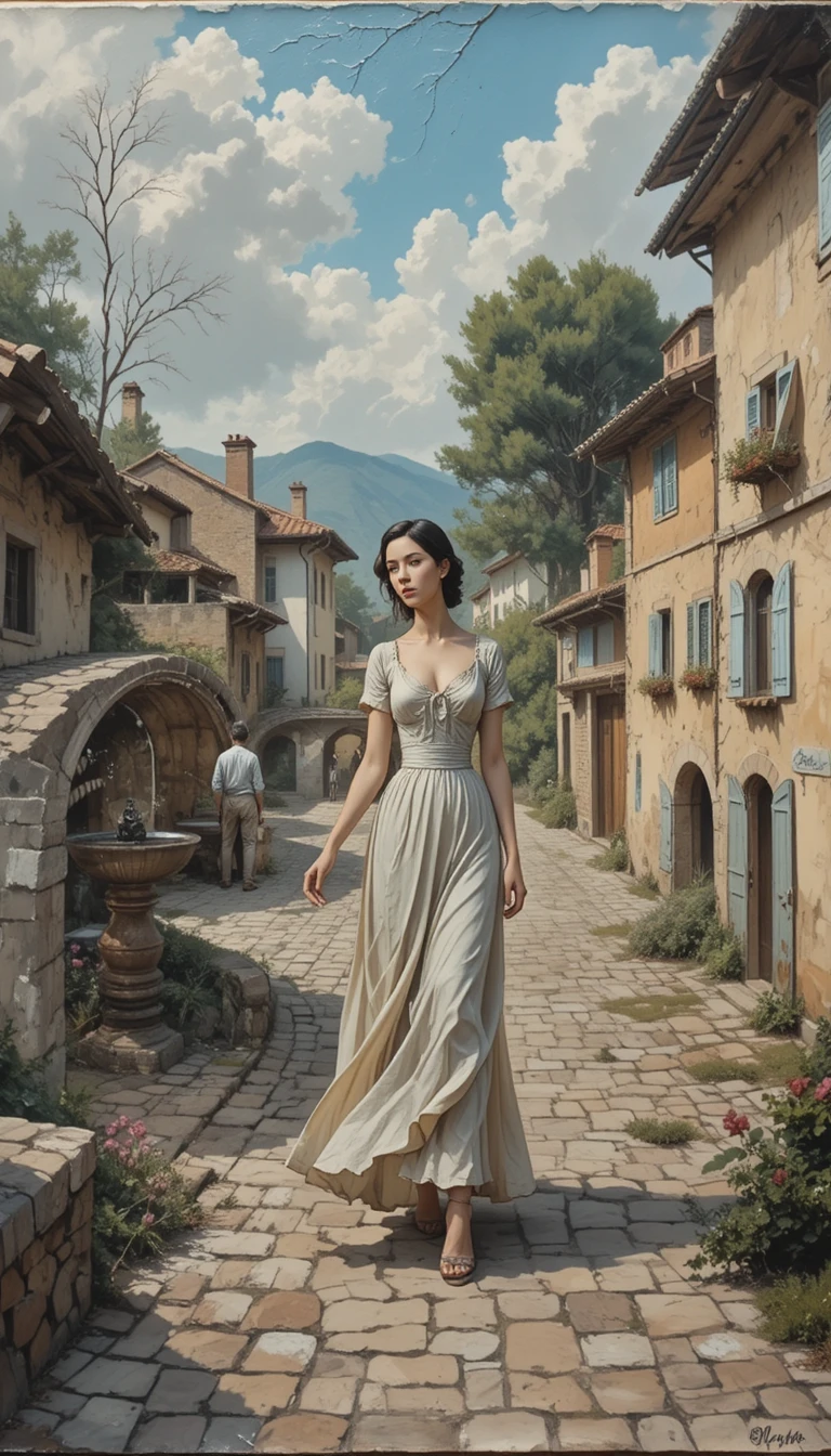 Young woman on stone street in poetic impasto village