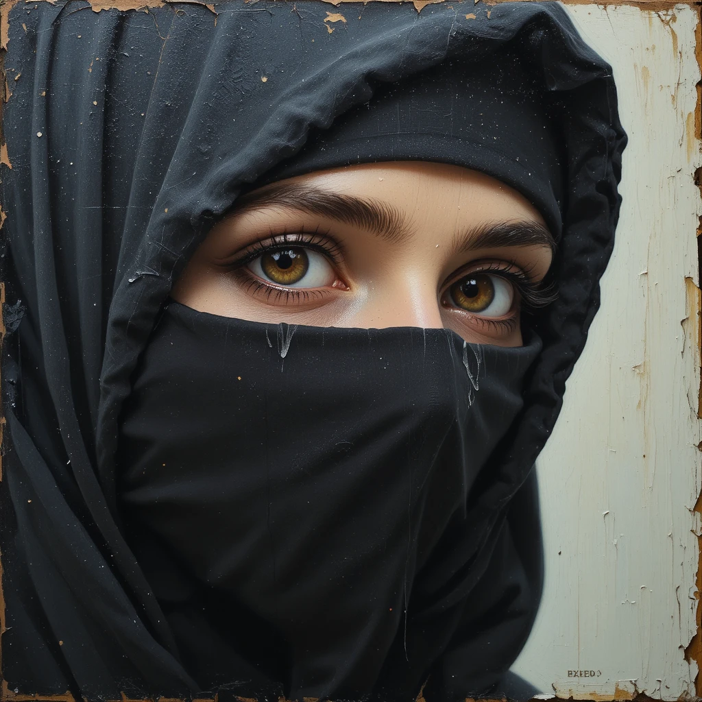Close de uma mulher velada com olhos castanhos expressivos