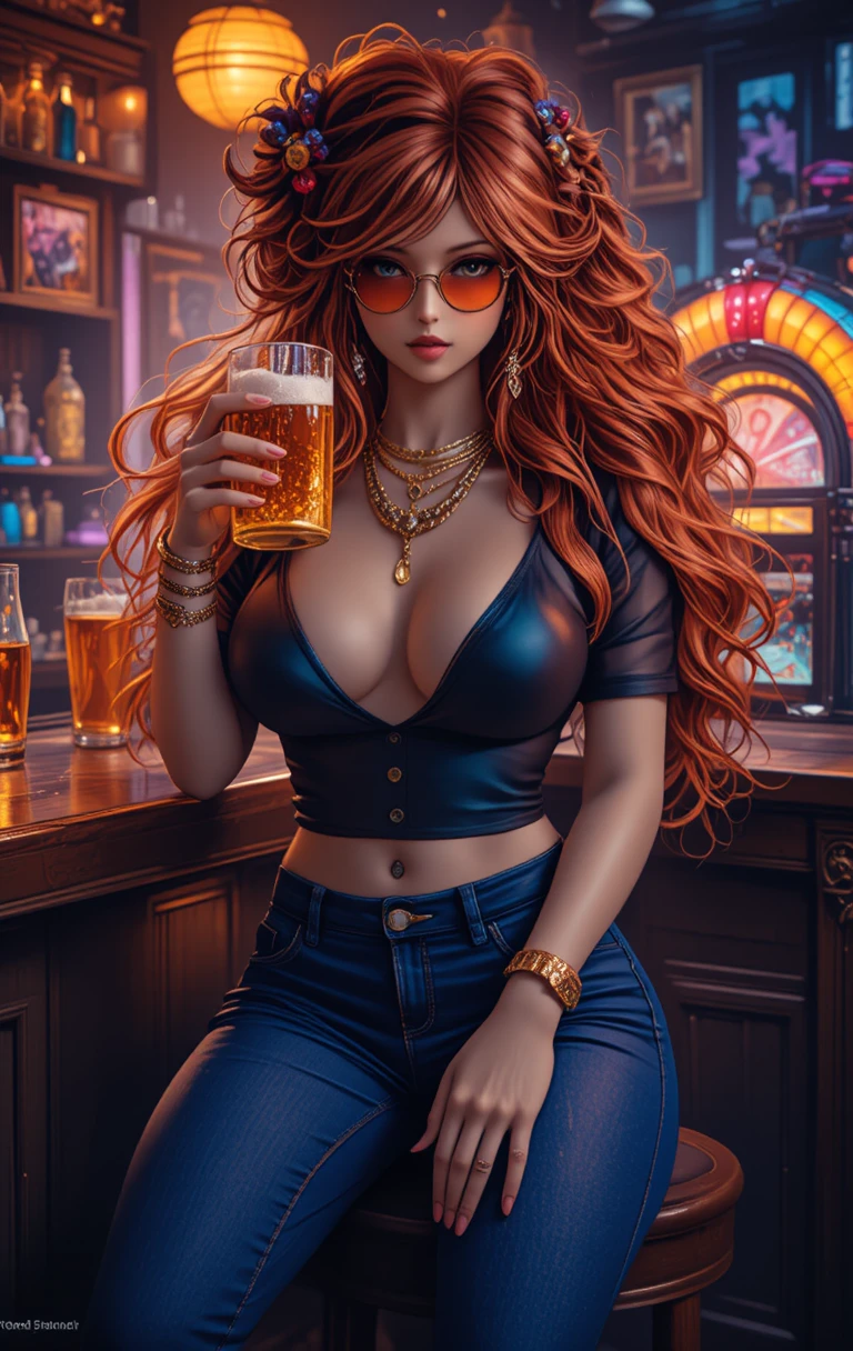 Mulher ruiva bebendo cerveja no balcão do bar