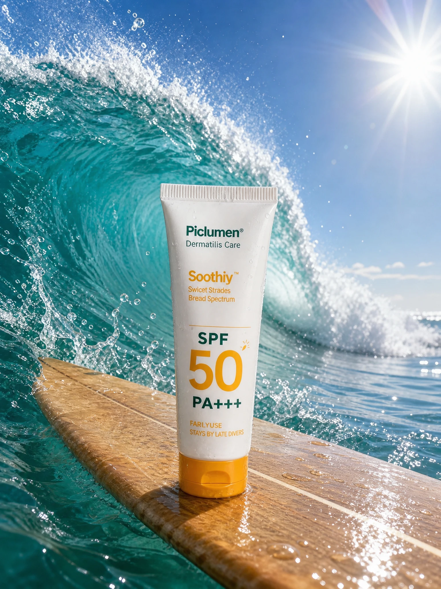 Produtos de banho e corpo em prancha de surfe com onda do mar quebrando