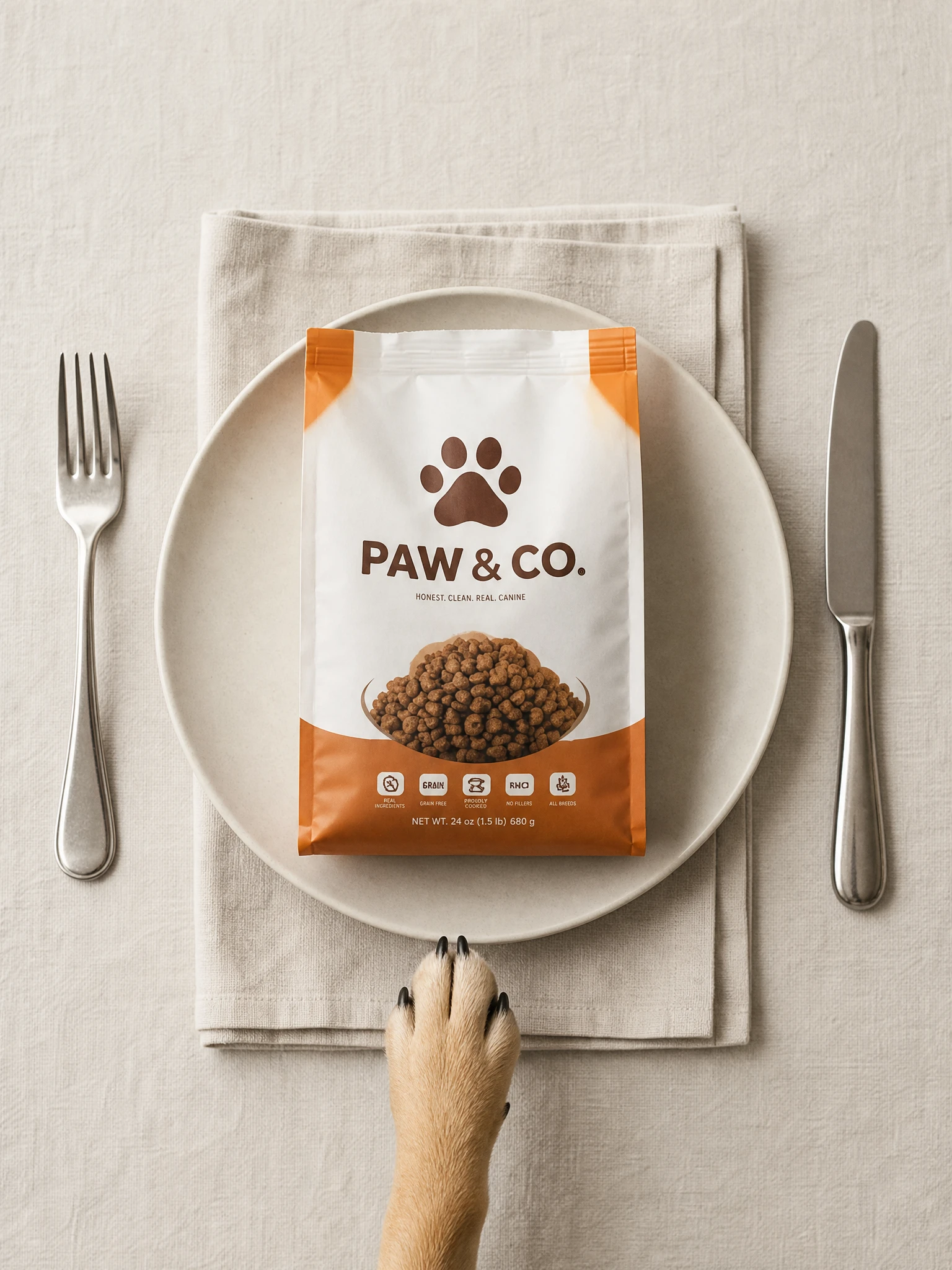 Piatto da pranzo dall’alto con cibo per animali e zampa che si allunga