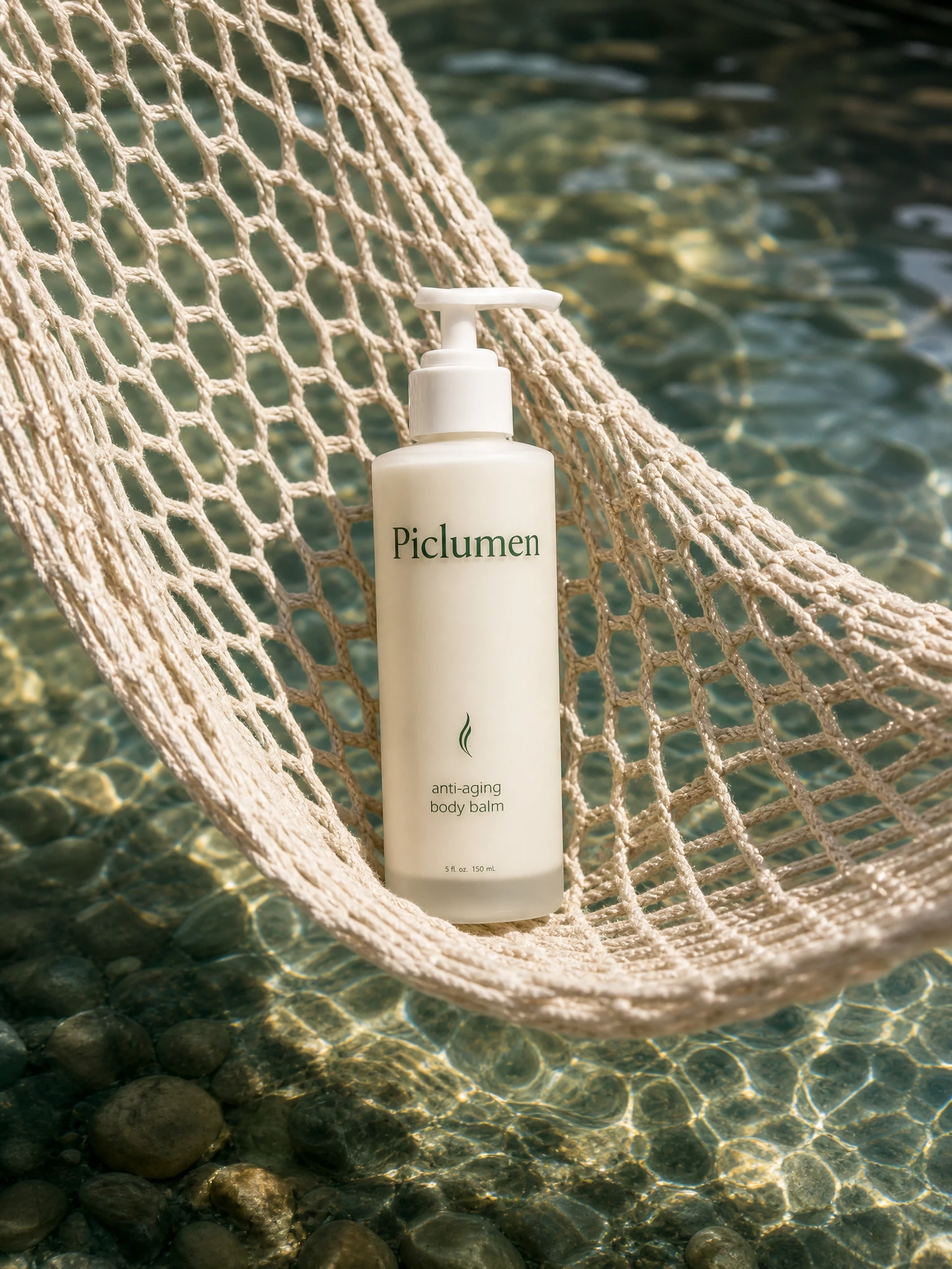 Bath and body product in cotton net above sunlit water