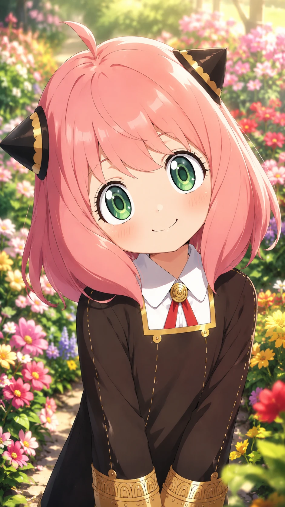 Dolce ragazza anime che sorride in un colorato giardino fiorito