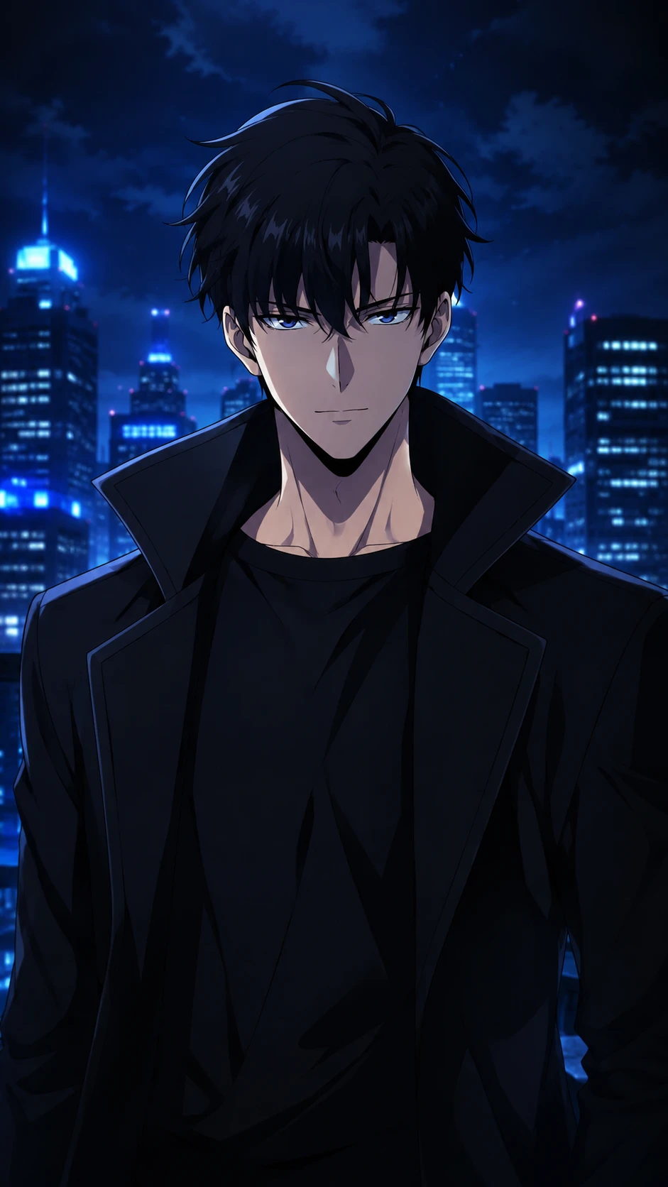 Retrato de herói de anime em uma moderna cidade noturna