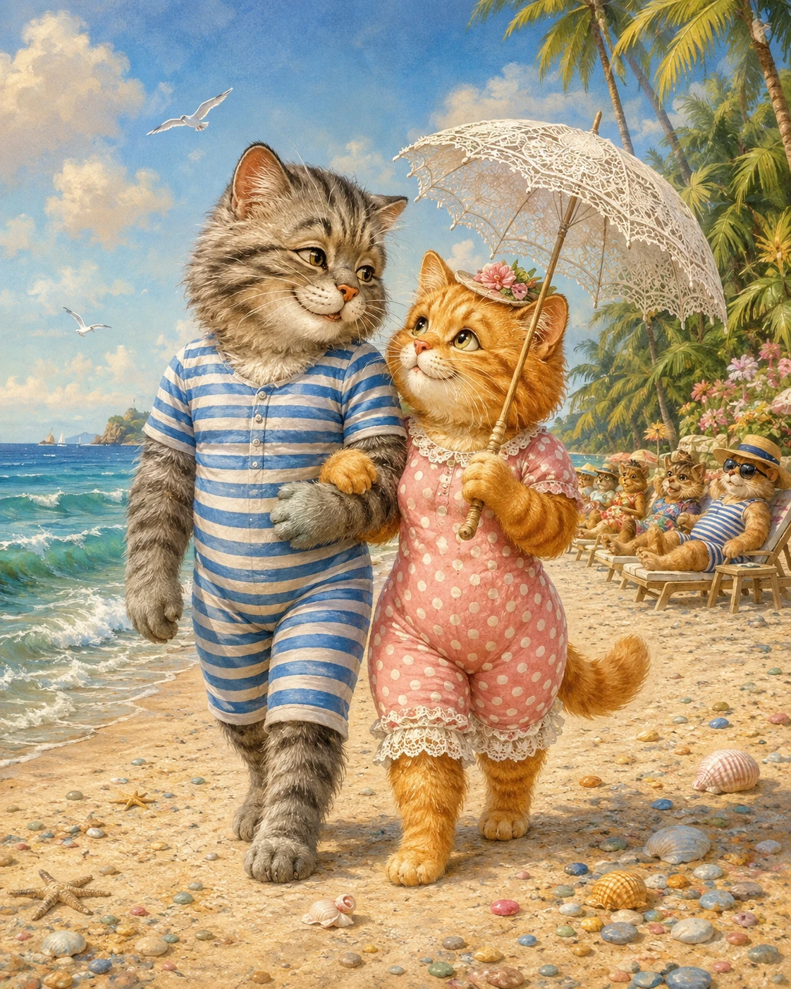 Gatos de desenho animado com maiôs vintage em uma praia tropical