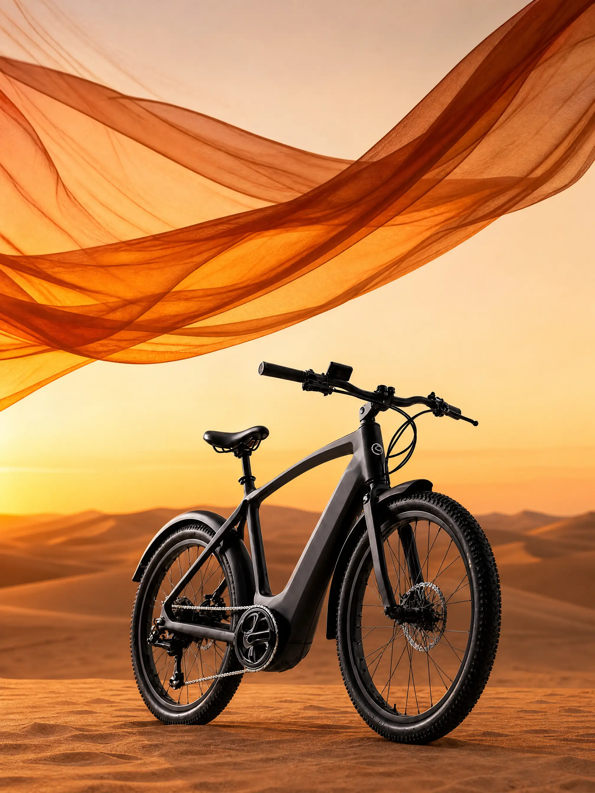 Luxury bicycle on desert dunes under flowing sunset fabric