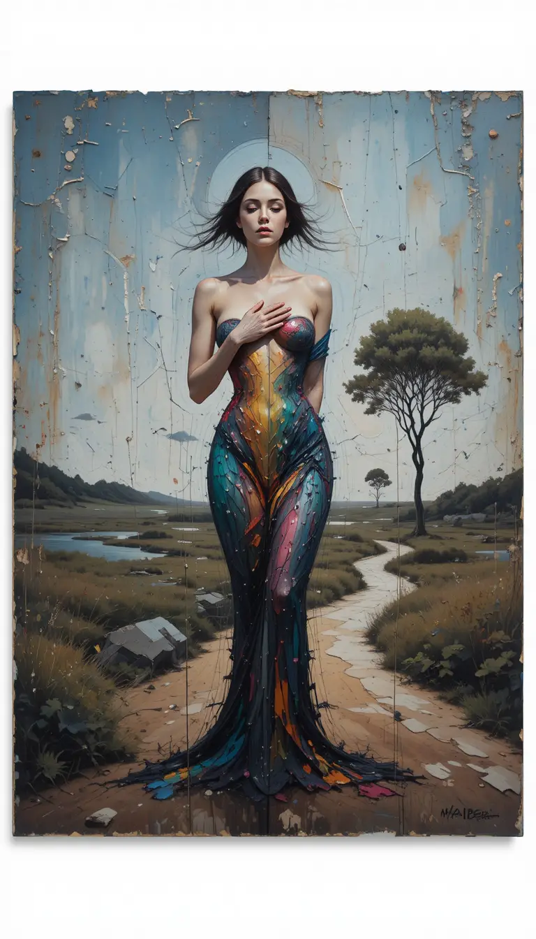Full body woman in textured impasto beside a lonely tree