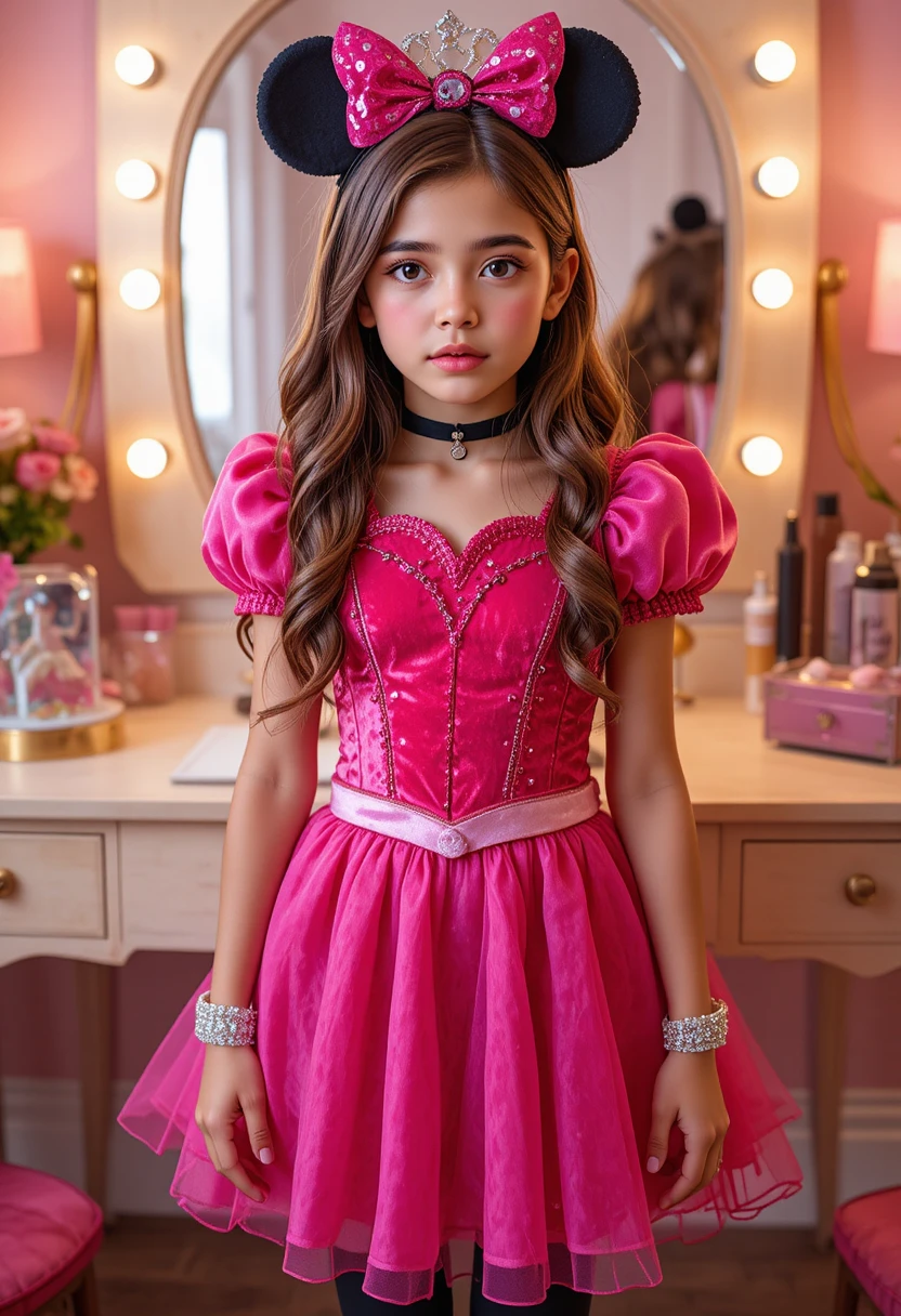 Niño preadolescente con disfraz de princesa frente a tocador rosa