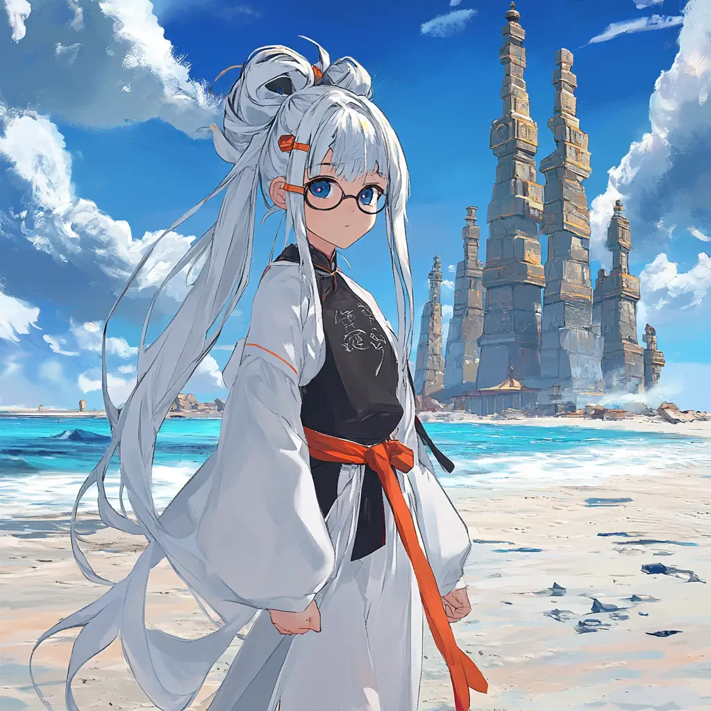 Anime girl approaching a vast stone circle temple