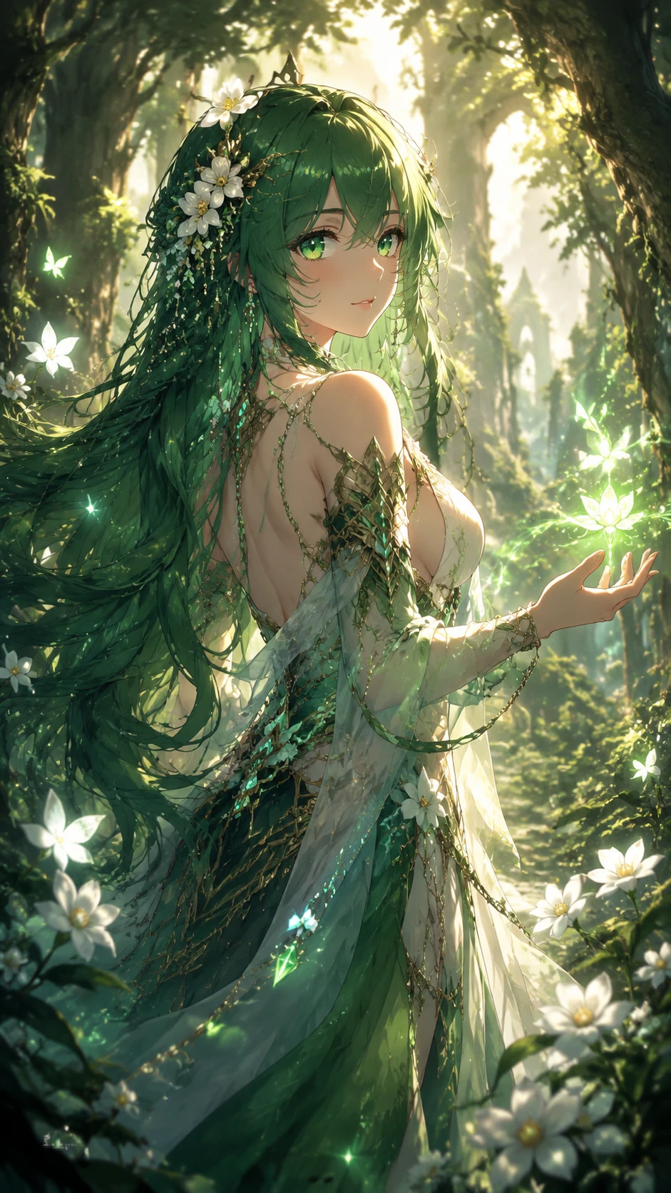 Anime forest girl with glowing flowers and sunlight
