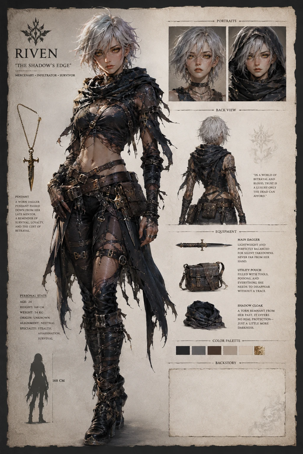 Design de personagem de garota mercenária de fantasia com cabelo prateado