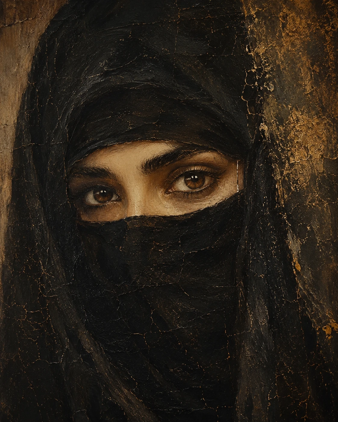 Gros plan d’une peinture à l’huile d’une femme voilée aux yeux brun profond