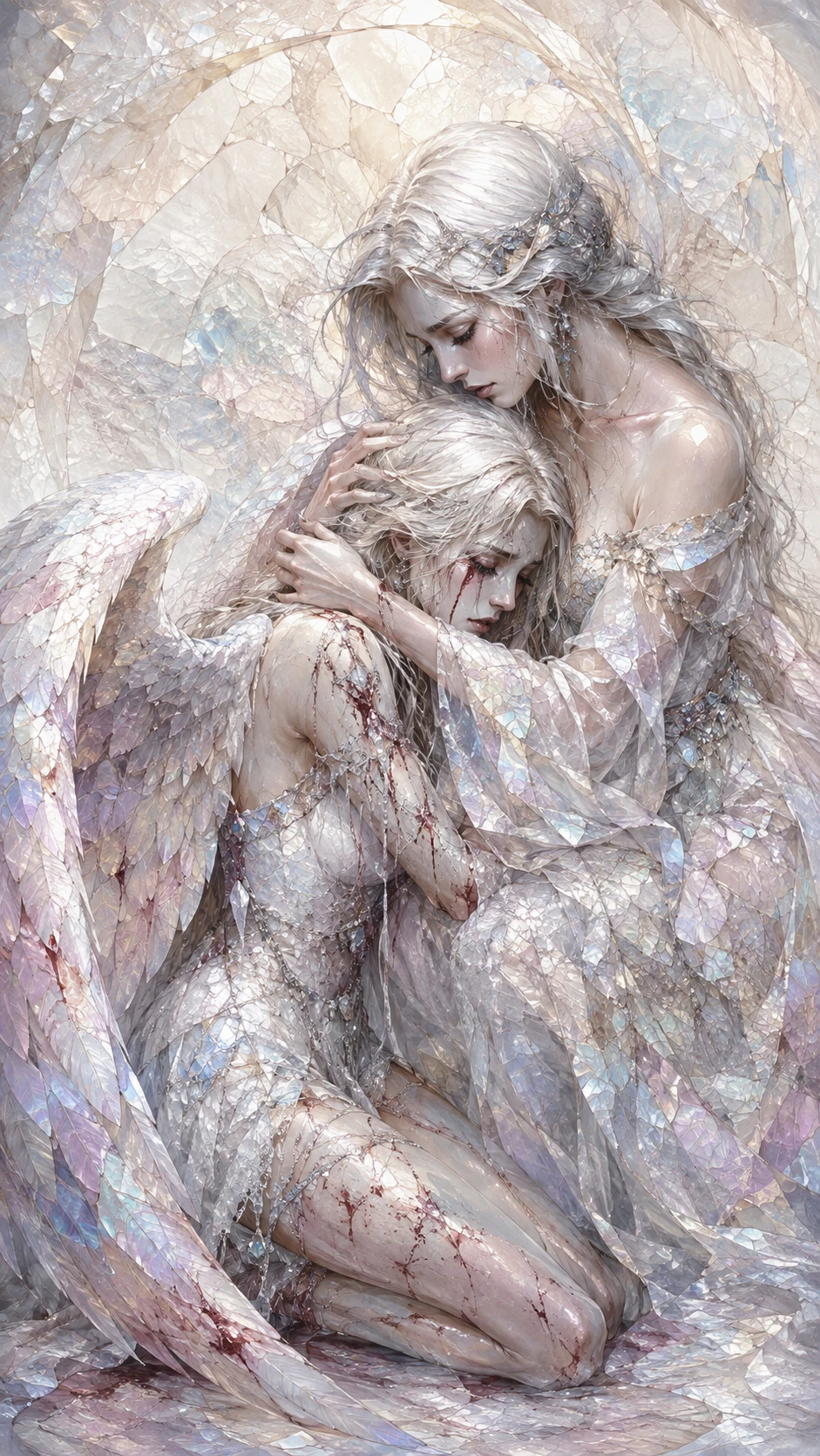 Anjo caído: mulher chorando ajoelhada no chão